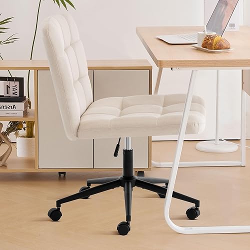 Miniatura 8 de Furniliving Silla de escritorio de oficina en casa con ruedas, silla ancha con patas cruzadas, silla ajustable de altura sin brazos con respaldo