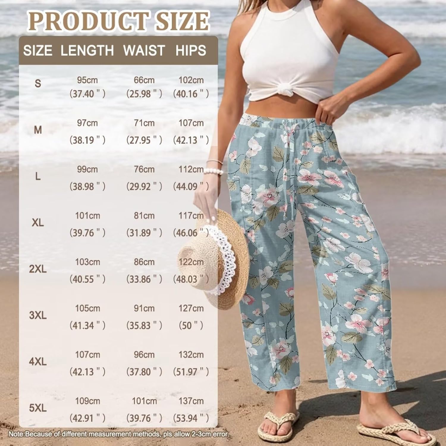 Women Linen Casual Pant Elastic Waist Wide Leg Trousers with Two Pockets Lightweight Breathable Soft Stretch