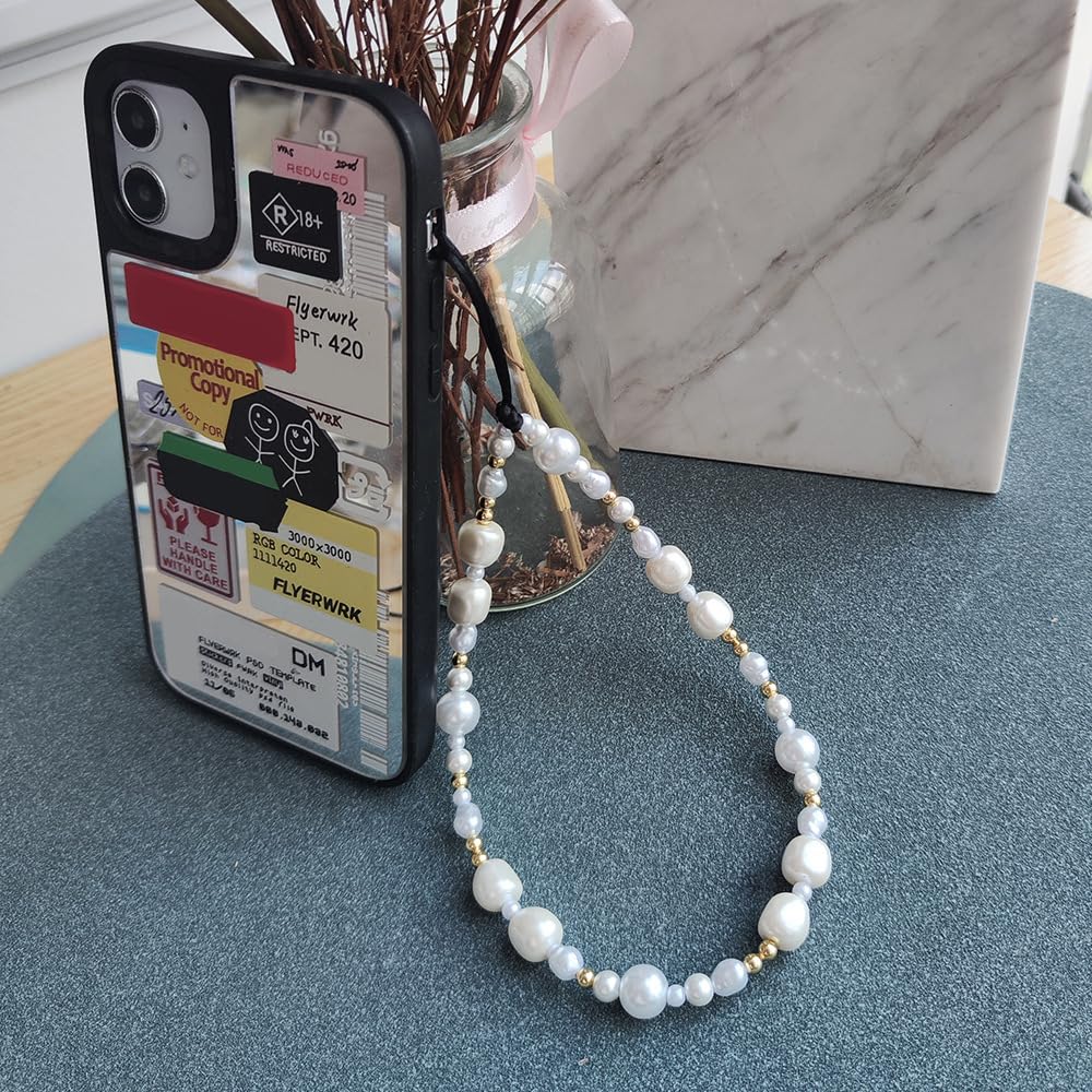 WCCH Beaded Phone Charm Y2K Kawaii Handmade Acrylic Phone Lanyard Wrist Strap for Camera Bag Airpods Keychain Charm Gold and White Pearls — view 3