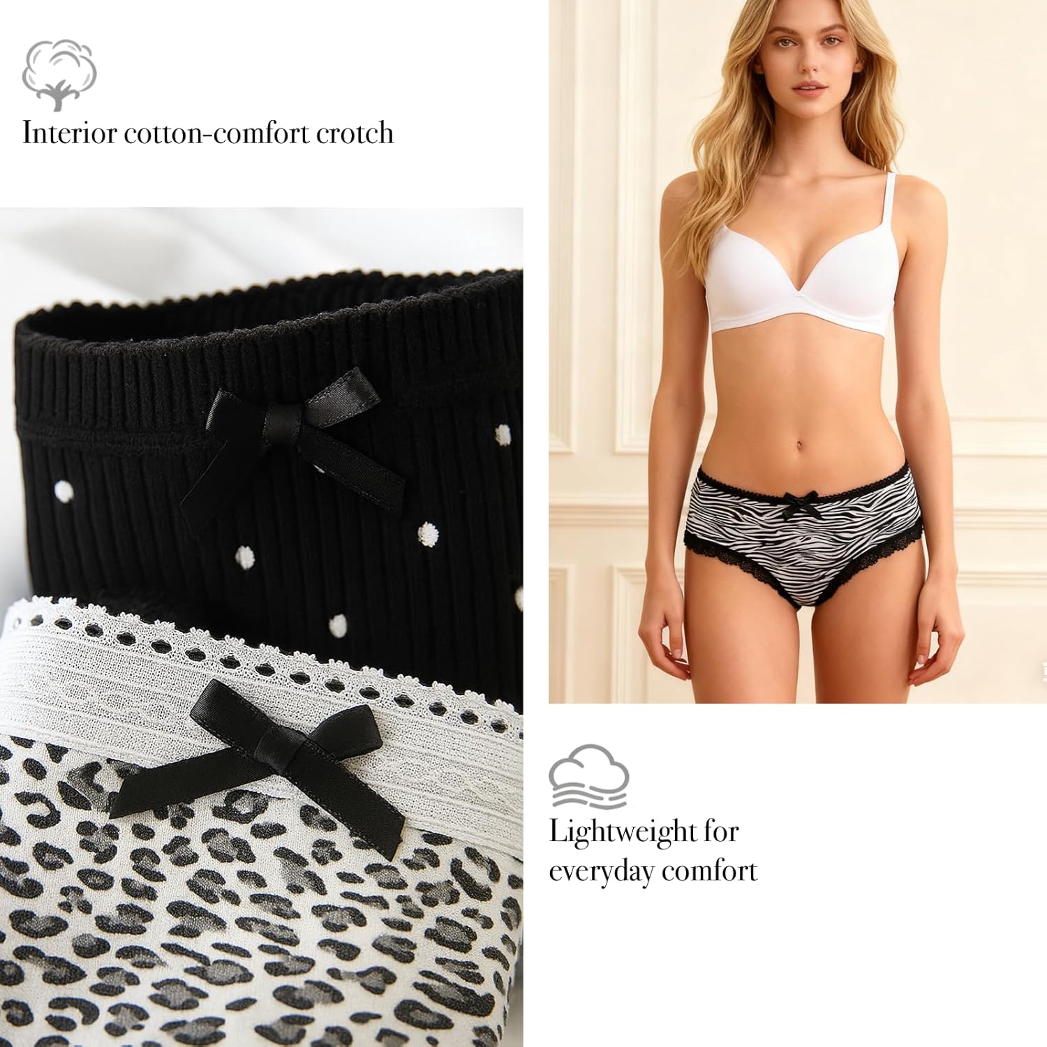 Womens Underwear for Women 5 Packs Panties Cute Cotton Kawaii Lace Bow Leopard Zebre Stripe Polka Dots