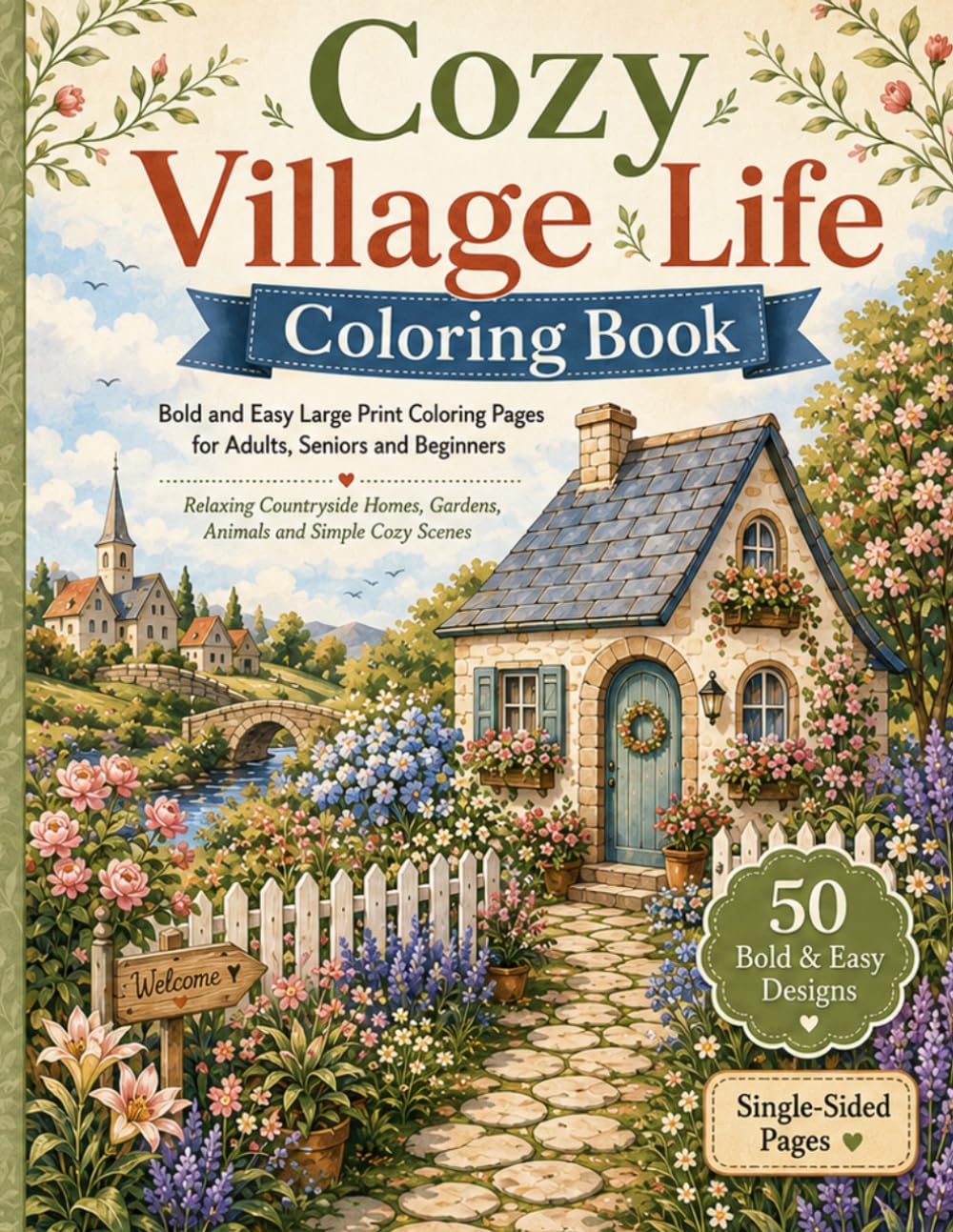Cozy Village Life Coloring Book: Bold and Easy Large Print Coloring Pages for Adults, Seniors and Beginners with Relaxing Countryside Homes, Gardens, Animals and Simple Cozy Scenes