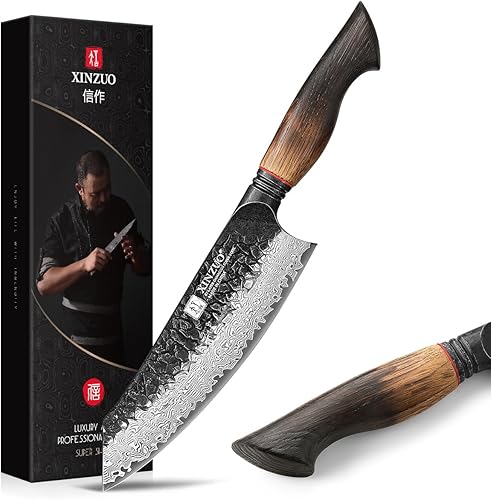 XINZUO Cuchillo Santoku de Damasco afilado de 7.6 pulgadas, cuchillo profesional de 67 capas de acero de Damasco para carne para el hogar y la