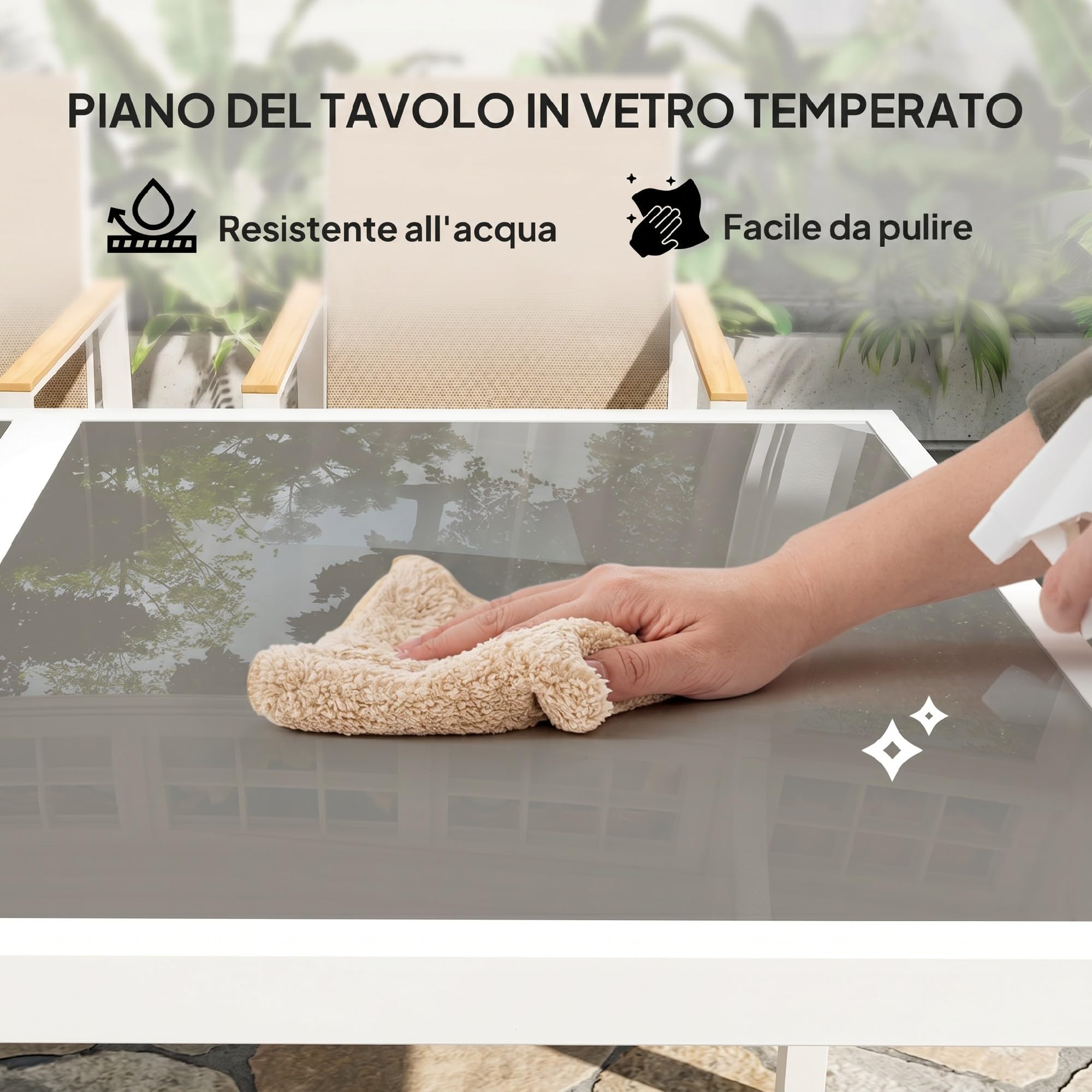 Outsunny Set Tavolo da Giardino con Sedie da 5 Pezzi in Vetro Multicolore | Set da Pranzo, 4 Sedie da Esterno con Braccioli e Schienale Alto, Set di Mobili in Acciaio e Textilene