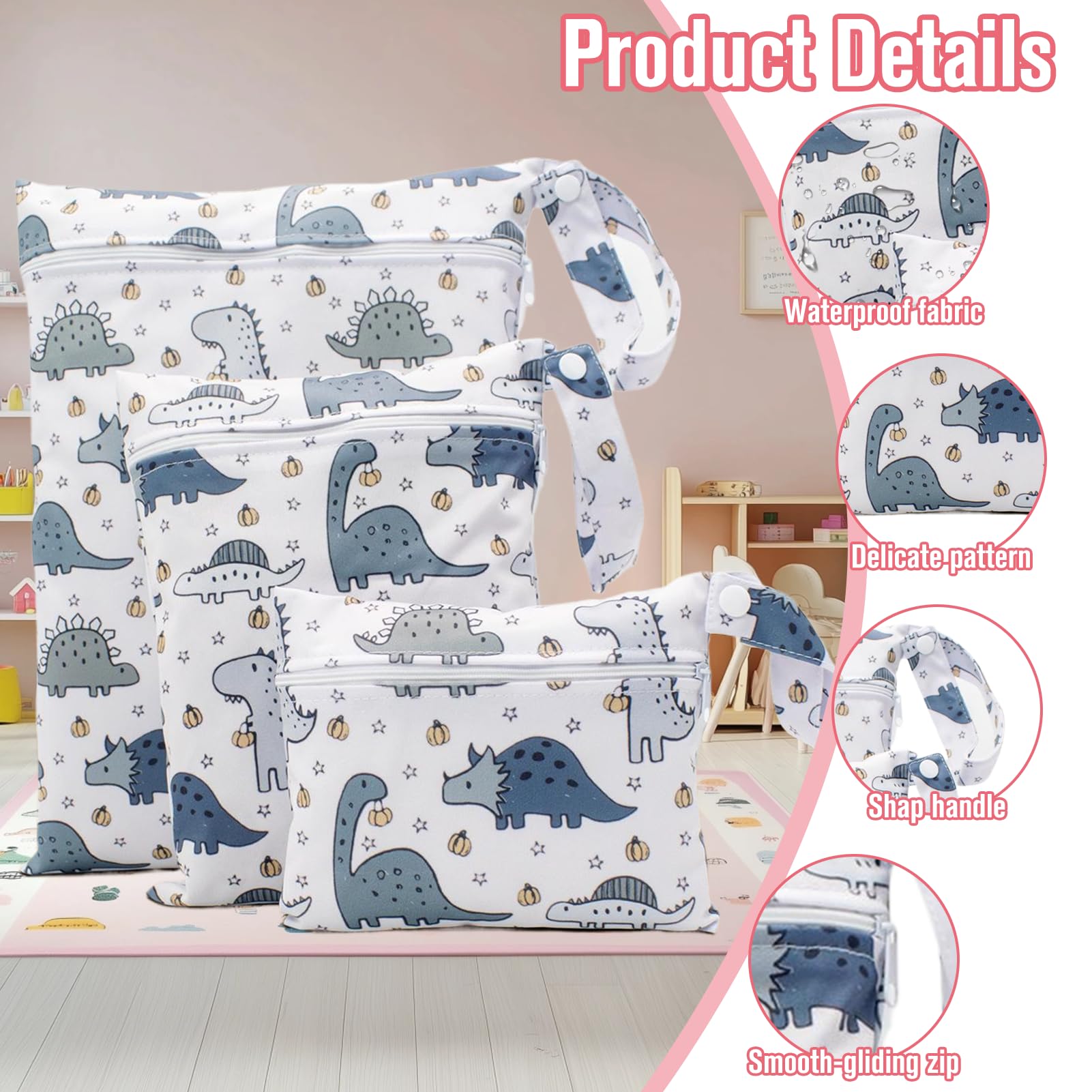 Qehyuelefu 3 Pcs Wet Bag, Baby Nappy Bag, Waterproof Wet Dry Bags, Waterproof Wet Bags for Swimming Dinosaur Pattern - Image 3