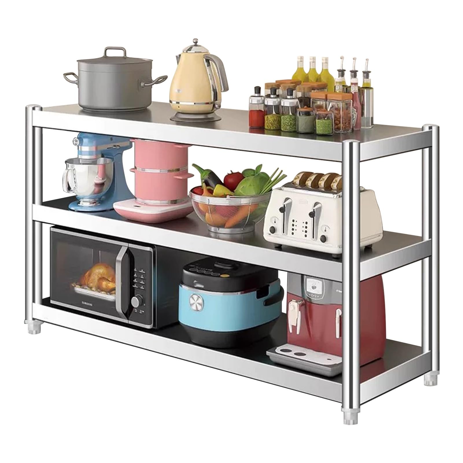 Scaffale da cucina regolabile in altezza a 3 ripiani, in acciaio inox, per micro forno e spezie, in metallo resistente, per dispensa e casa (100 x 50 x 80 cm)