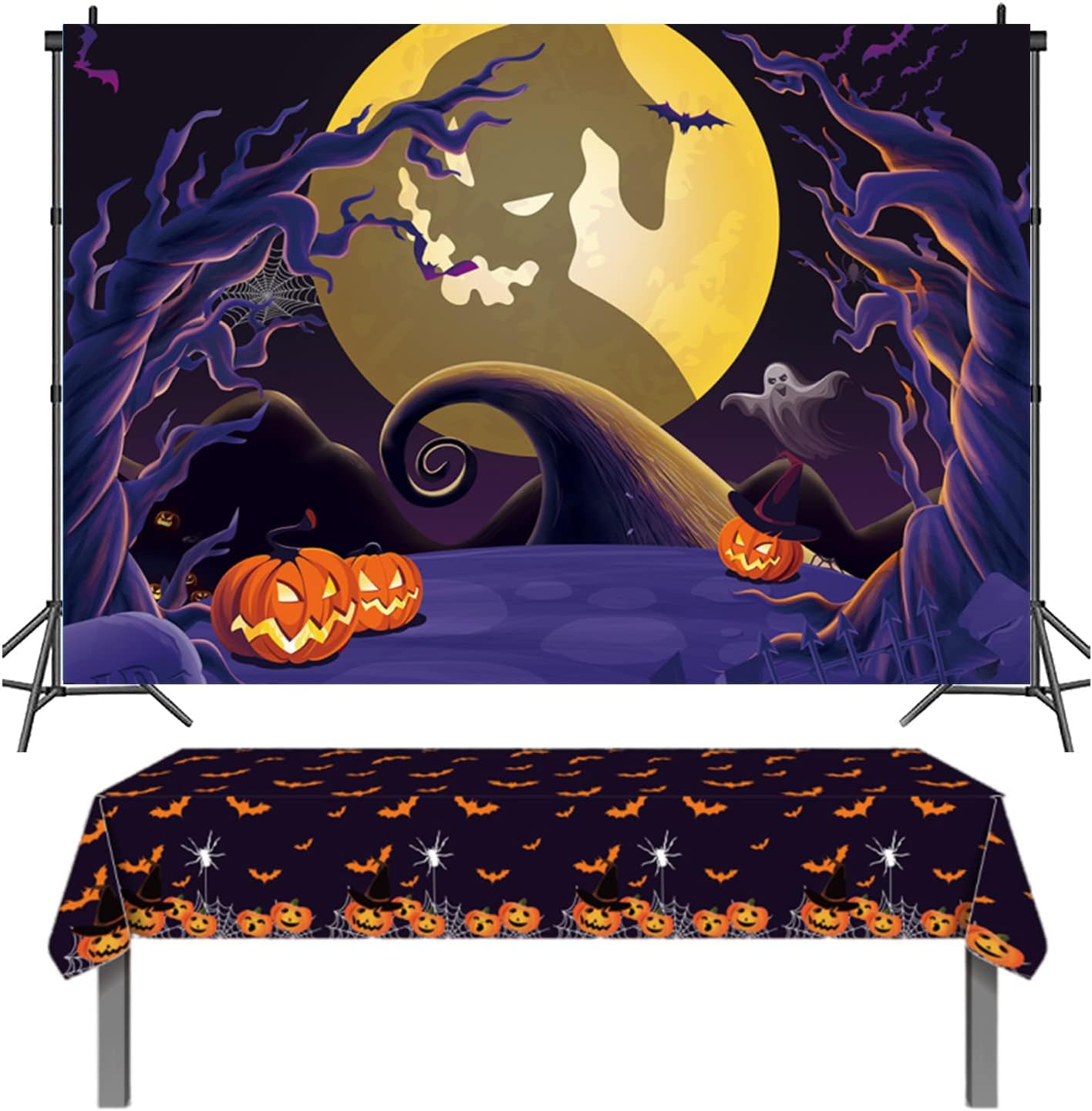 XCKALI Halloween Backdrop Tablecloth Set Big Moon Pumpkin Bat Horror Party Decoration Horror Forest Banner Props 2PCS
