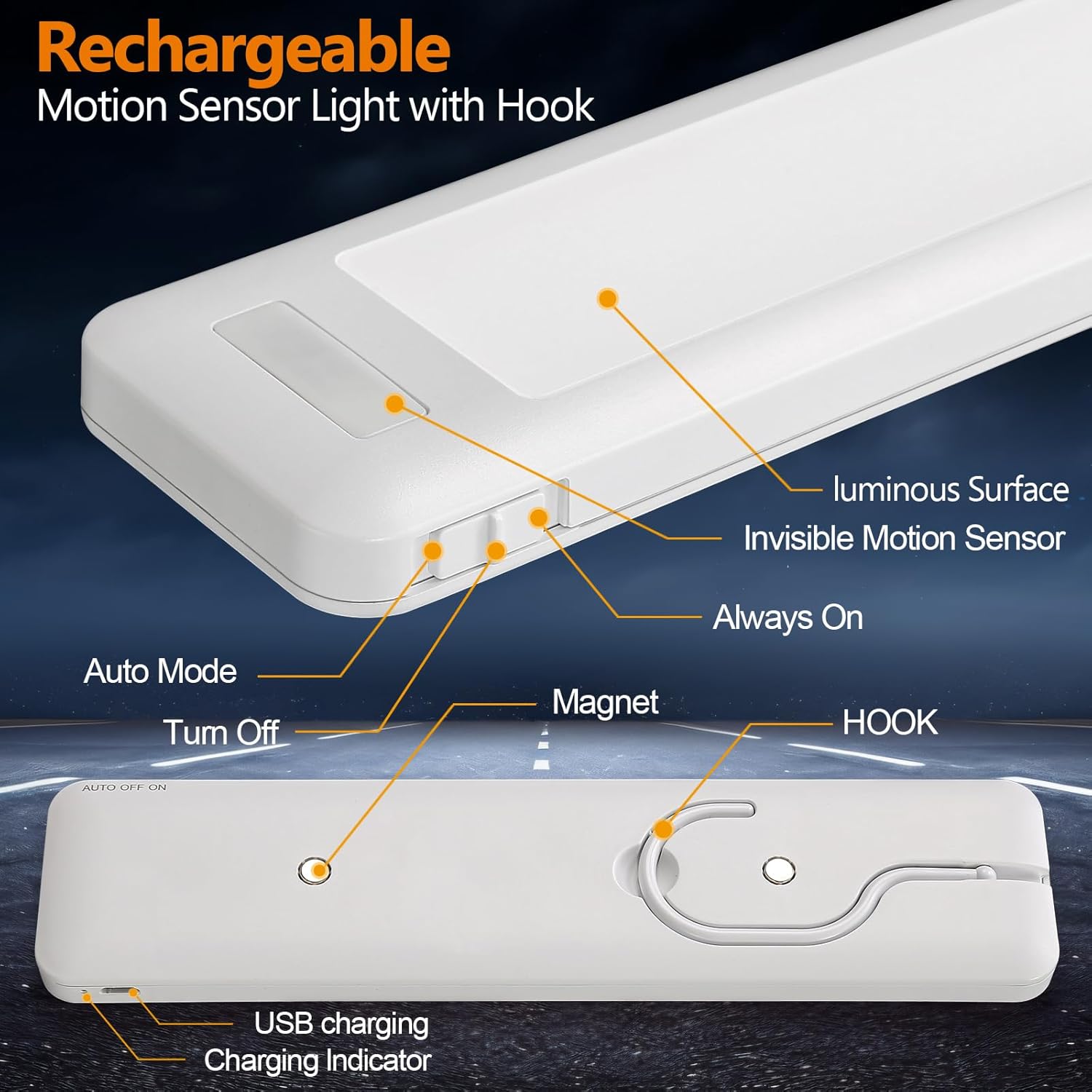 Dawnrise Under Cabinet Lights, 7.8 inch Motion Sensor Closet Light Indoor with Hook, Rechargeable Portable Lighting for Kitchen, Wardrobe, Closet, Bedroom, Cabinet, Storage Room, Utility Room (6000K)