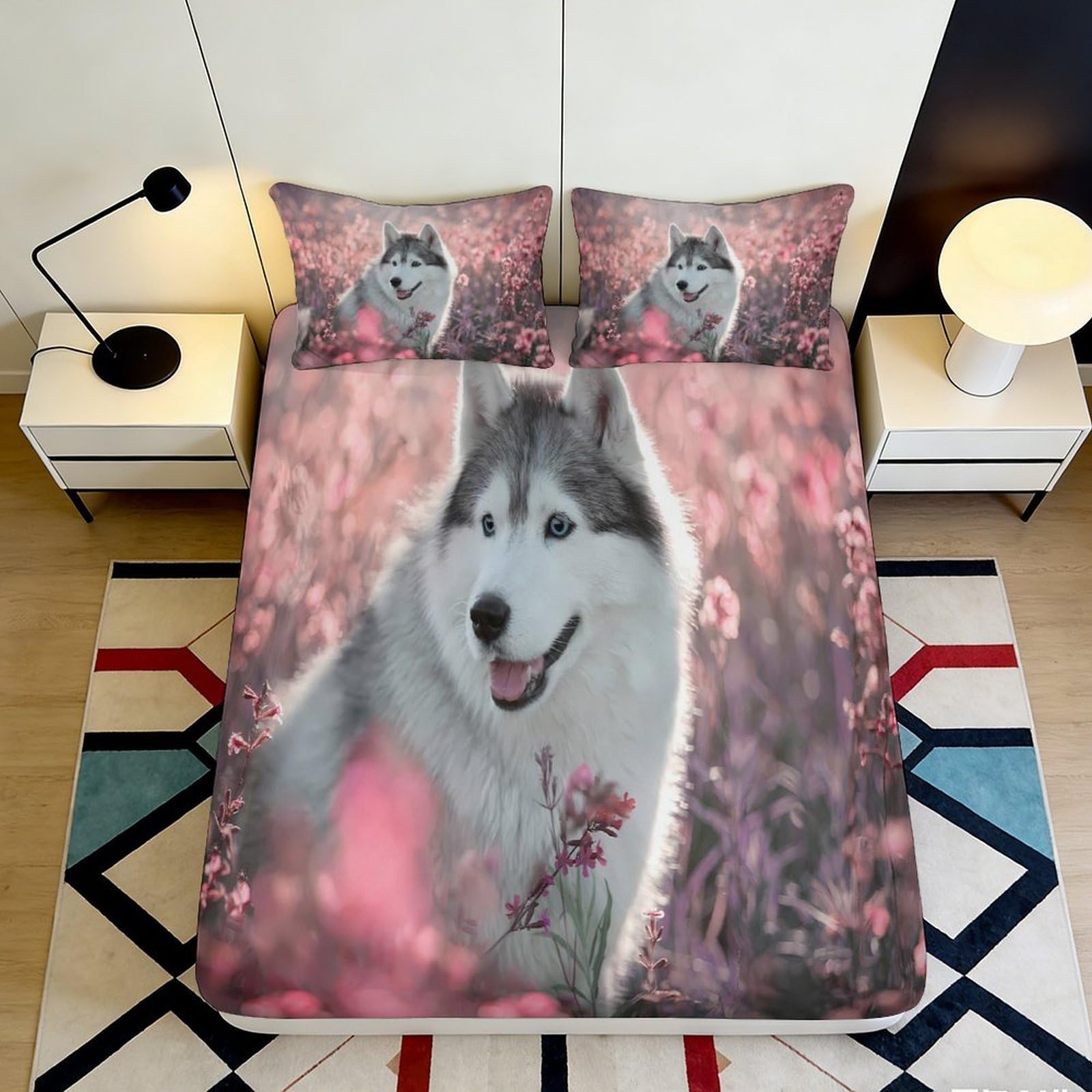 3D Printed Husky Pattern Fitted Sheet Microfiber Deep Pocket Bedroom Bedding Husky Mattress Fitted Cover Non-Slip Wrap for Home 140x200x25cm