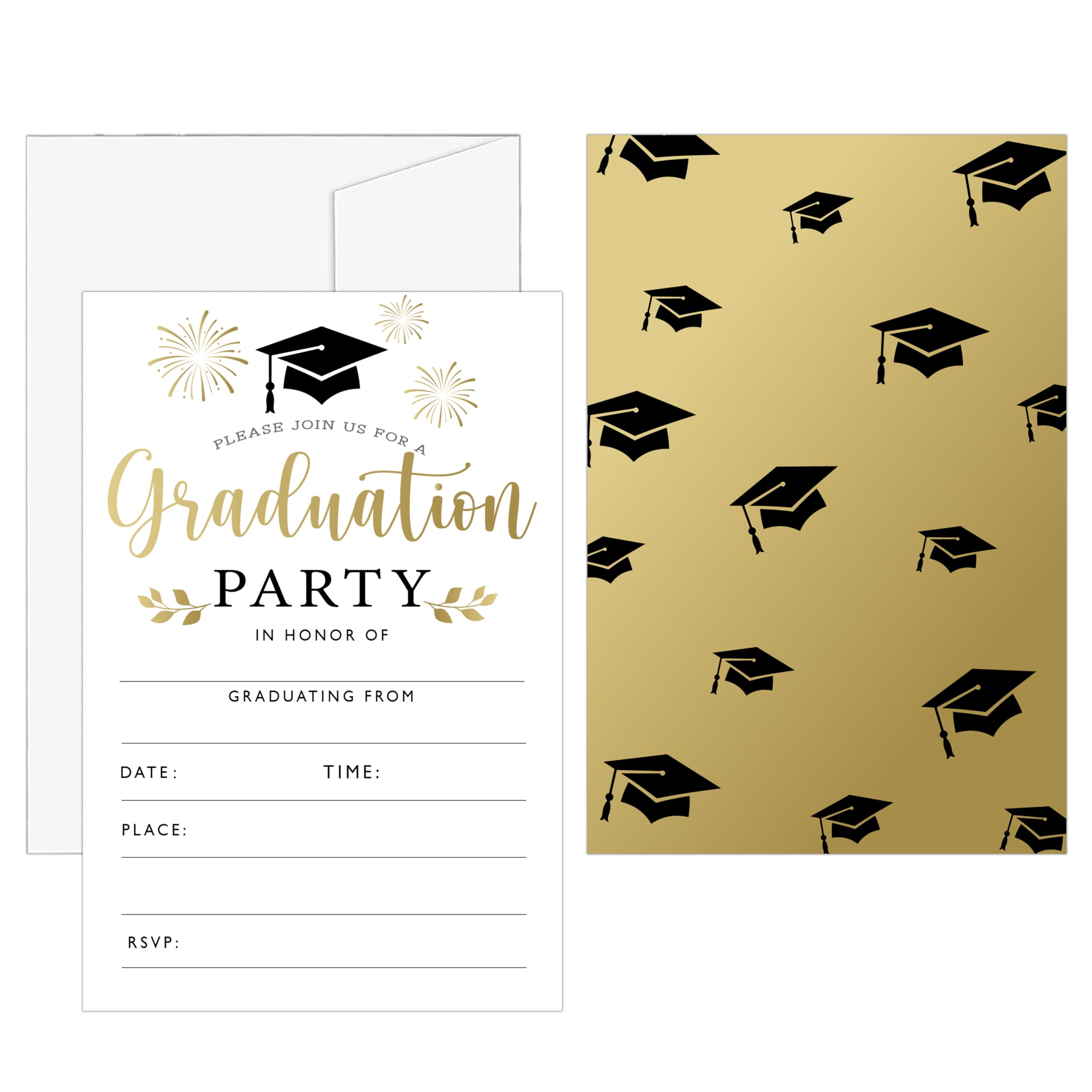 DETIHO Graduation Party Invitations 2025, Black Golden Graduate Celebration Invites with Envelopes, 20 Pack Grad Announcement Cards - G02