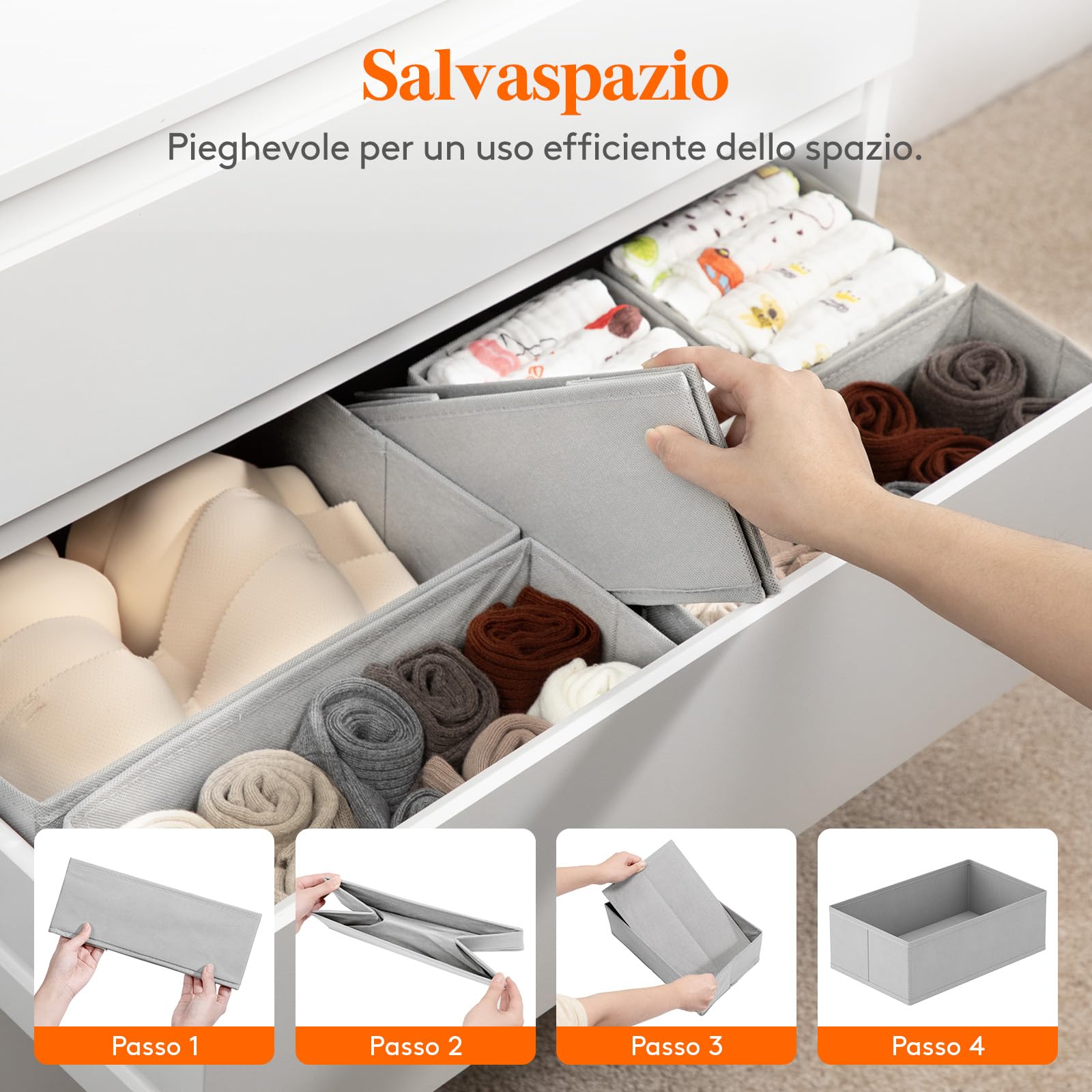Vantimo 6 scatole portaoggetti per cassetti, organizer per biancheria intima, organizer per cassetti, pieghevole, in tessuto per calze, biancheria intima, reggiseni, cravatte e sciarpe, grigio