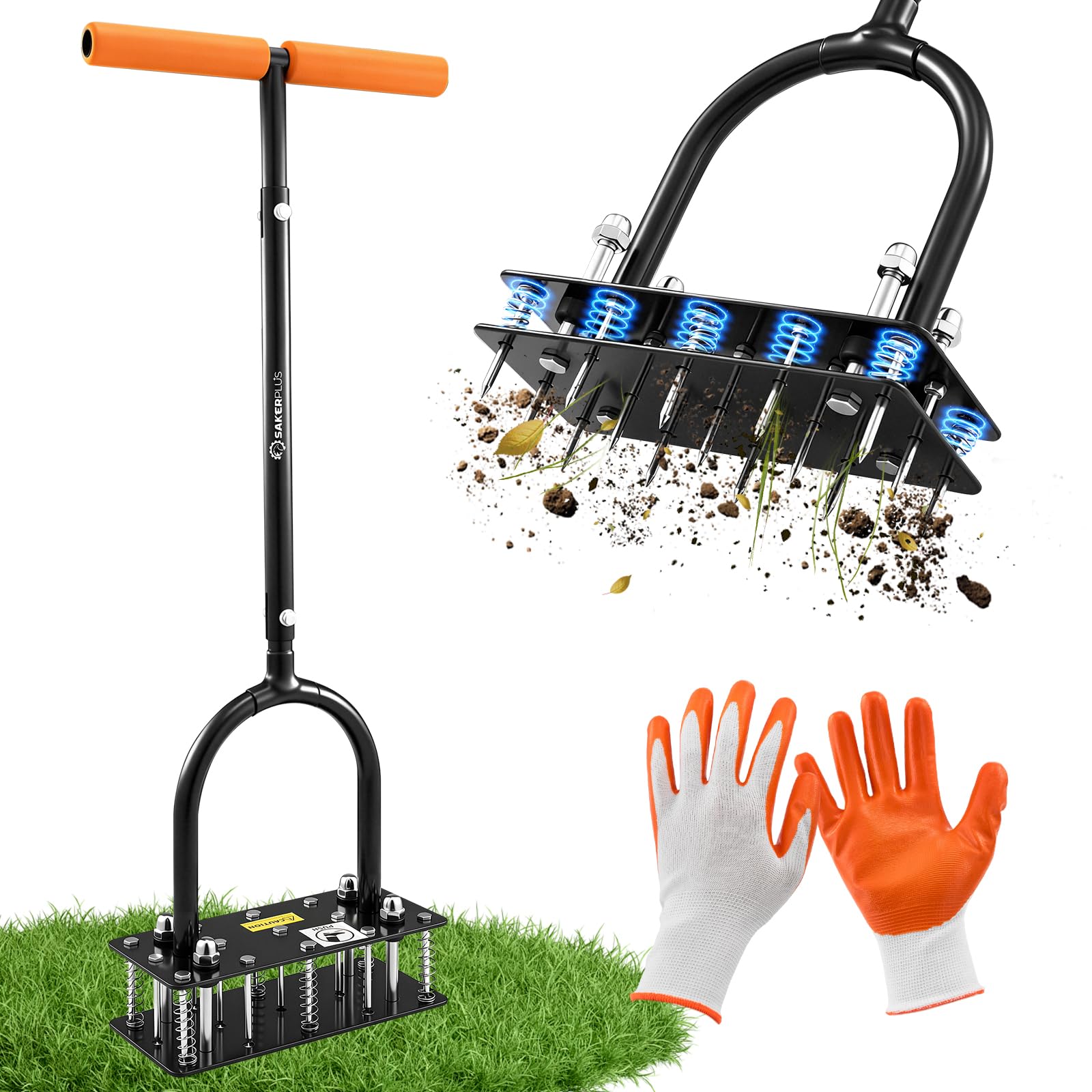 Sakerplus Aerator Lawn Tool, Hand Metal Spike Lawn Aerator with Rebounce Spring Base, Automatic Leaf and Dirt Cleaning, Grass Aerator for Lawn Care, Soil Loosening, Yard Aerating (Orange Handle) - 1