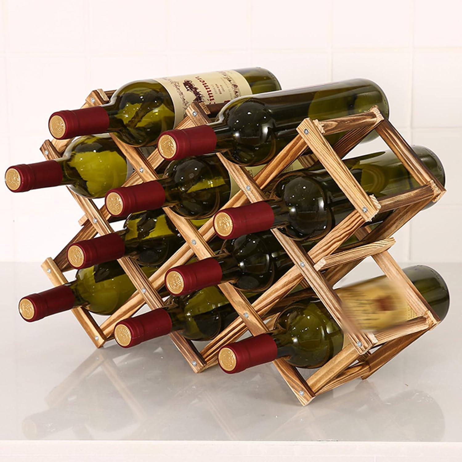 Organizador de vino apilable para mesa, plegable, madera, 10 botellas