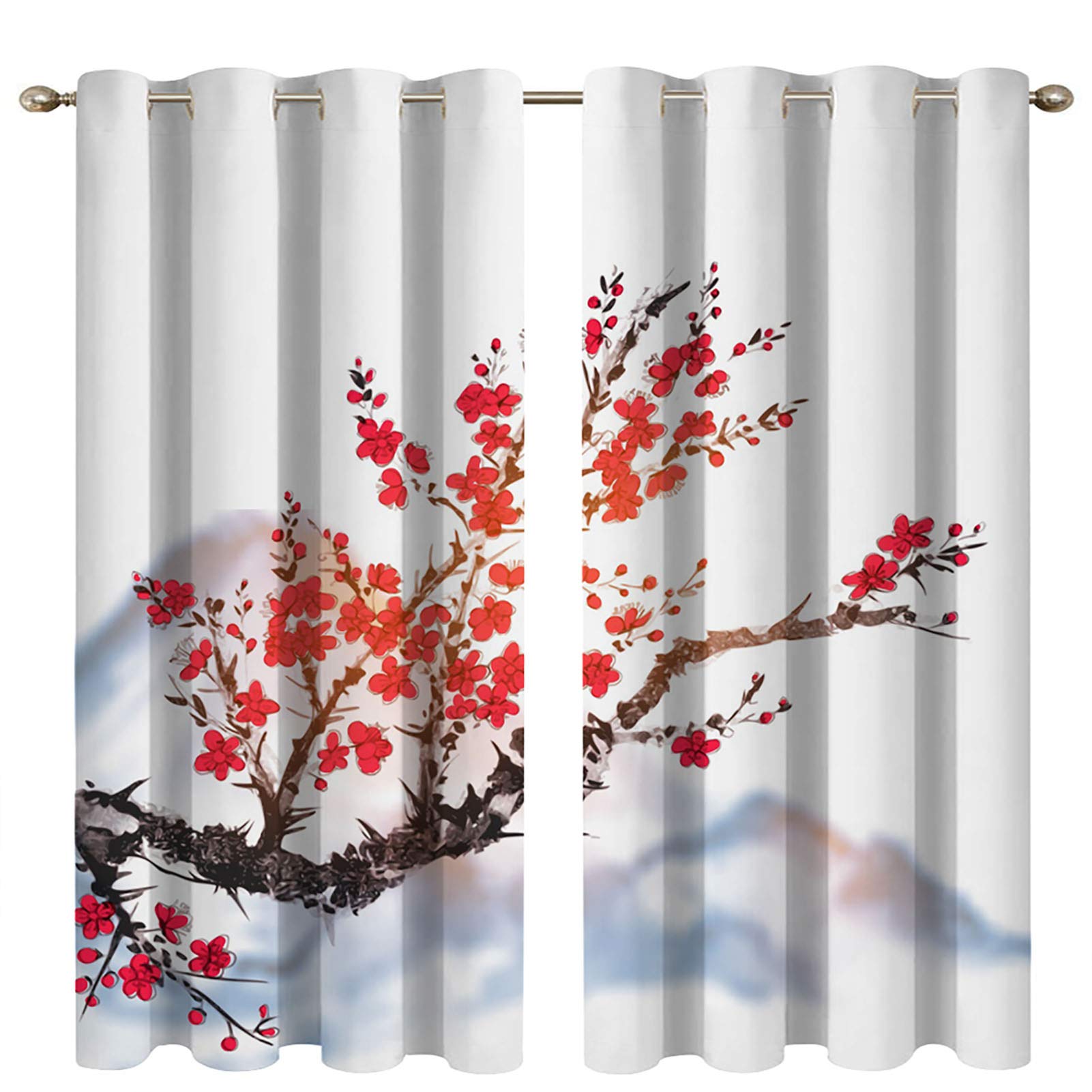 BOYOUTH Vorhänge mit roten Pflaumenblüten und Bergen Muster, Digitaldruck, Verdunkelungsvorhänge, Wärmedämmung und Vorhänge mit Ösen für Wohnzimmer, Schlafzimmer, 2 Paneele, 139 x 160 cm