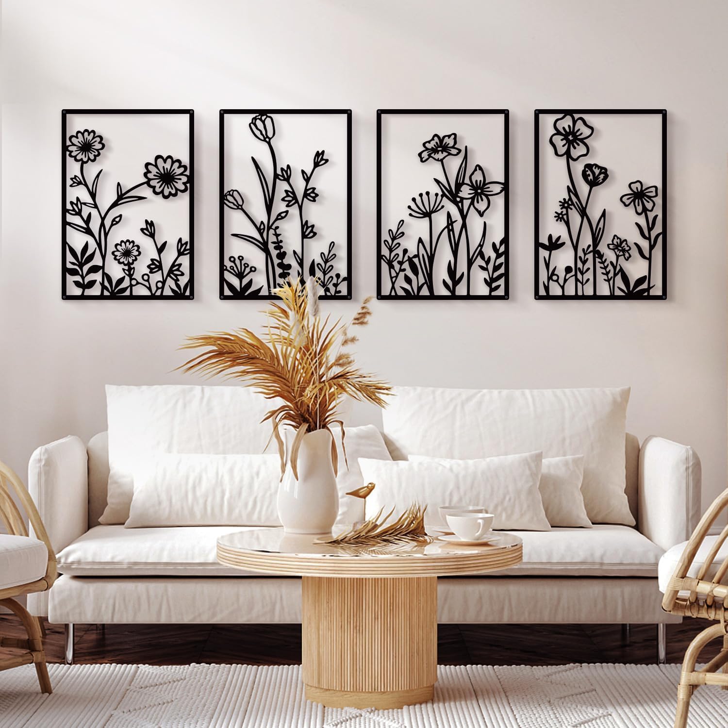 Black Metal Flowers Wall Decor: Elegant Floral Wall Art Sculptures for Bedroom, Bathroom, and Living Room - Set of 4, 12 x 17 in each