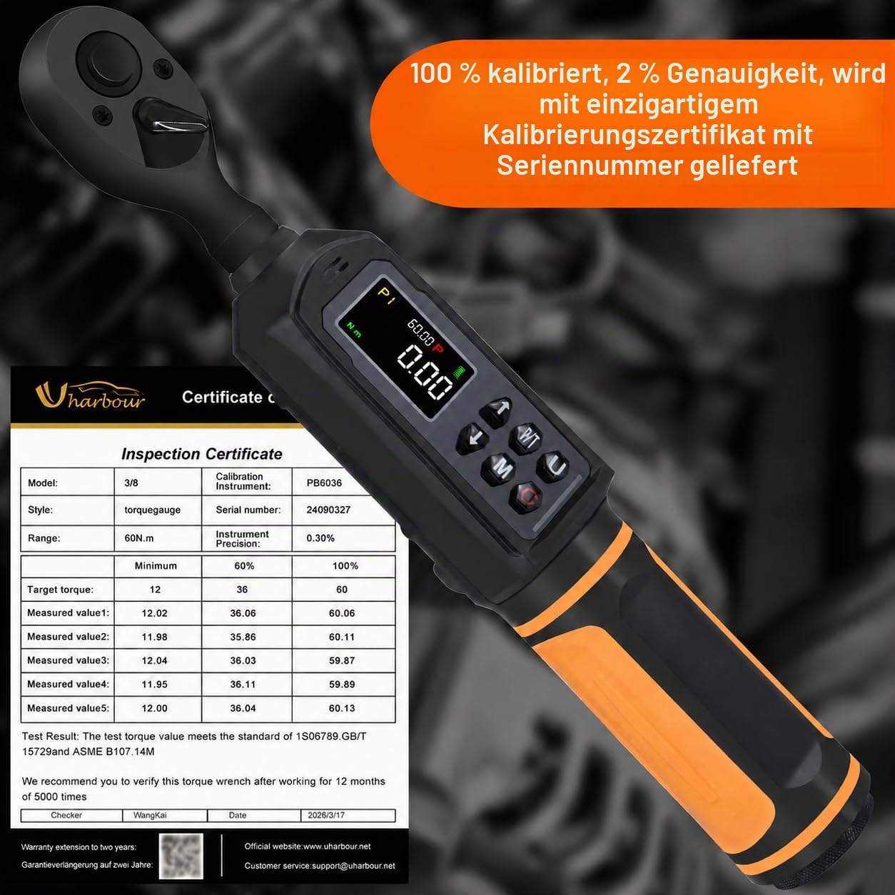 Uharbour Digitaler Drehmomentschlüssel, 3/8 Zoll Antrieb, 0,9–60 Nm Reichweite, elektrischer Drehmomentschlüssel mit Dual-Richtungs-Ratsche, ±1% Genauigkeit mit Vibration, Summer und LED-Alarm