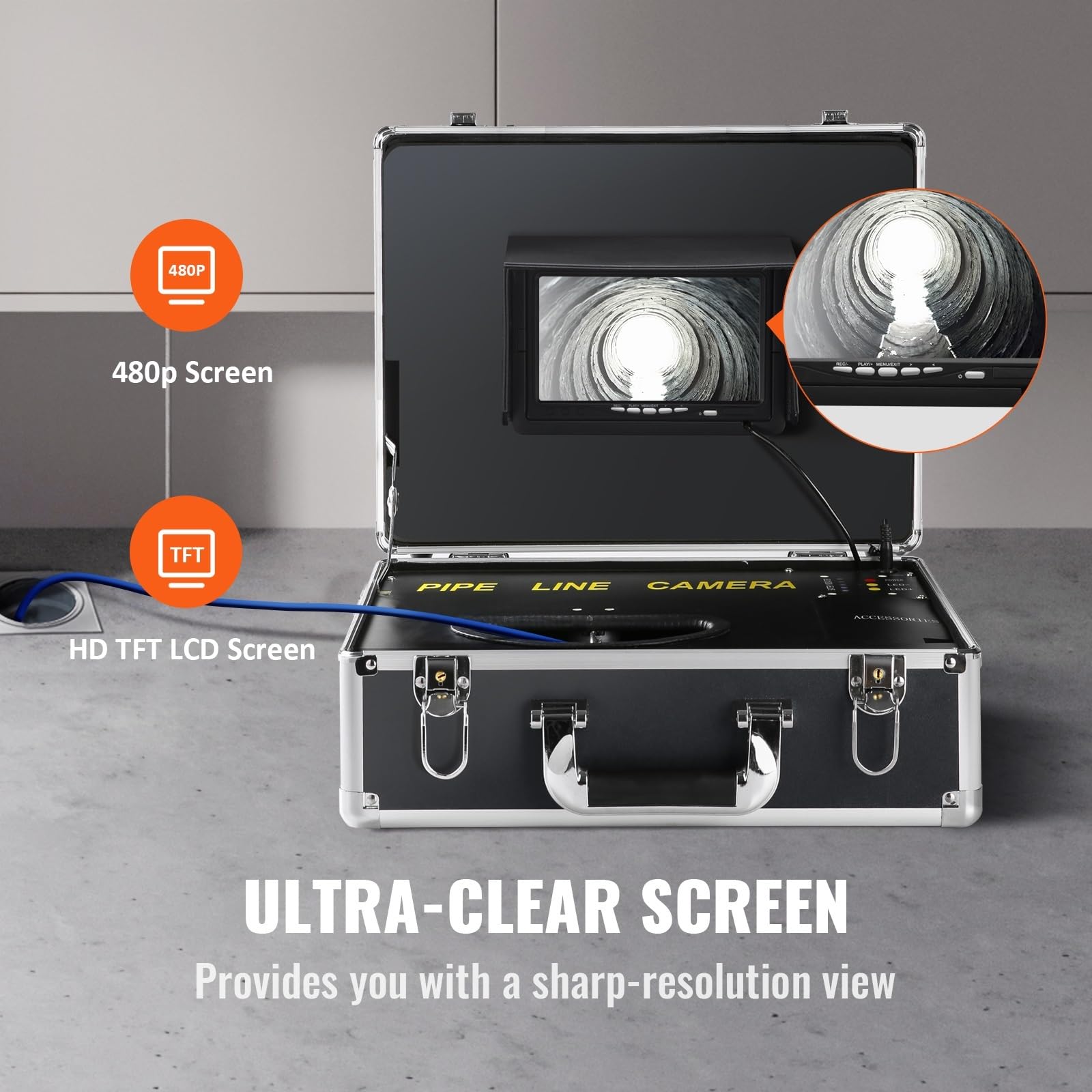 Telecamera for fognature Telecamera for ispezione tubazioni con schermo da 7" con funzione DVR Telecamera impermeabile con 12 LED regolabili e scheda SD da 16 GB Efficienza(30M)