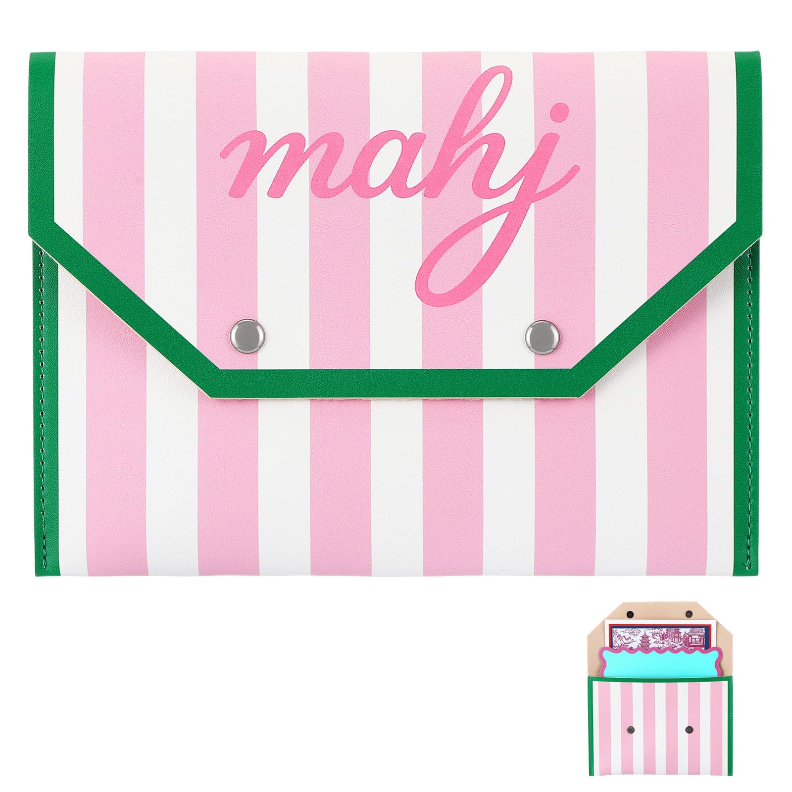 Leather Mahjong Card Holder Gift, Pink, White, 8x6 Inch, Striped