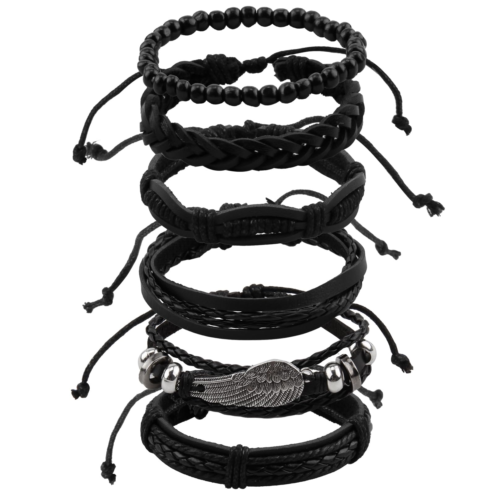 SakerrPunk & Goth Bracelet Set, 5 Adjustable Leather Bracelets for Men, Women & Teens - Black