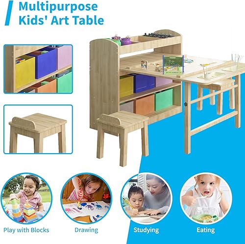 Miniatura 6 de Mjkone Mesa de arte para niños y 2 sillas juegos de mesa de dibujo y pintura para niños mesa de manualidades con estantes de almacenamiento de