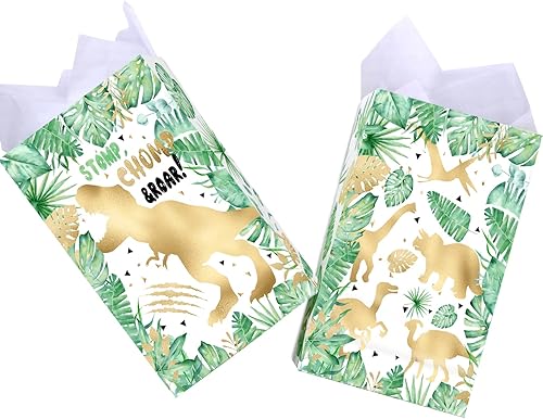 Miniatura 3 de HaPiBiDesign 24 bolsas de regalo de dinosaurio dorado con calcomanías, bolsas de caramelos de dinosaurio, bolsas de regalo para suministros de