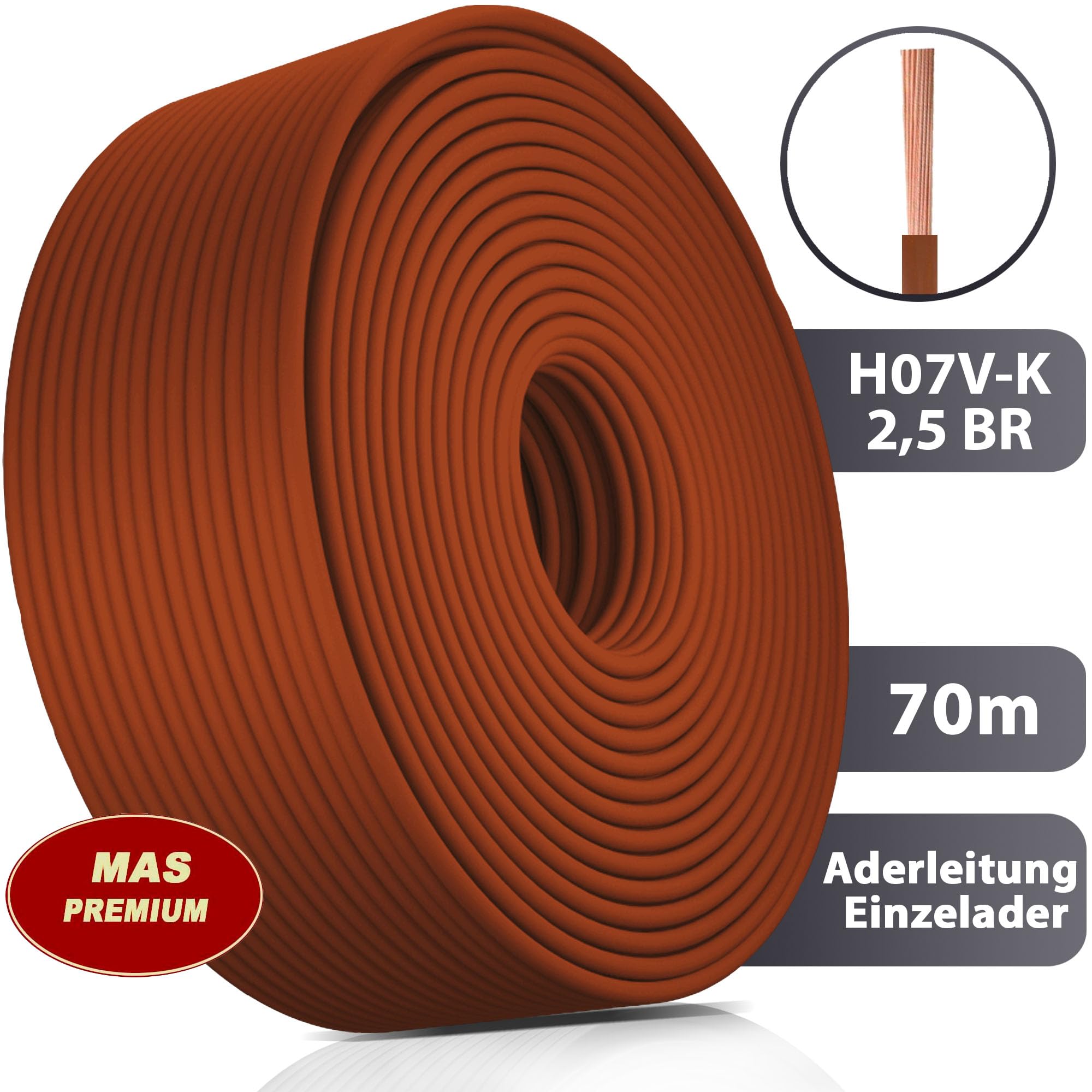 Cable H07 V-K 1 x 2,5 mm², color marrón, cable individual flexible de 5 a 100 m (70 m)