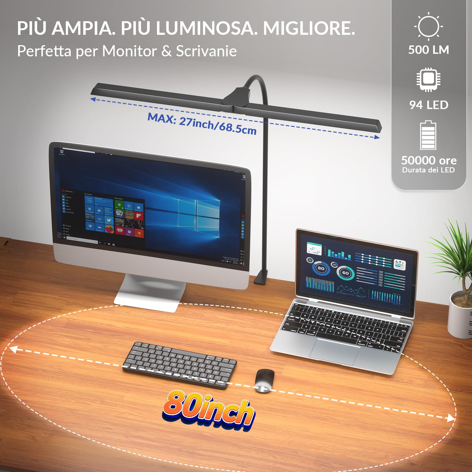Lampada da Scrivania LED Dimmabile, Doppia Testa a Morsetto 68,5CM, Controllo Touch con 4 Temperature di Colore & 3 Luminosità, Lampada USB per Homeoffice Lettura Cucito Disegno