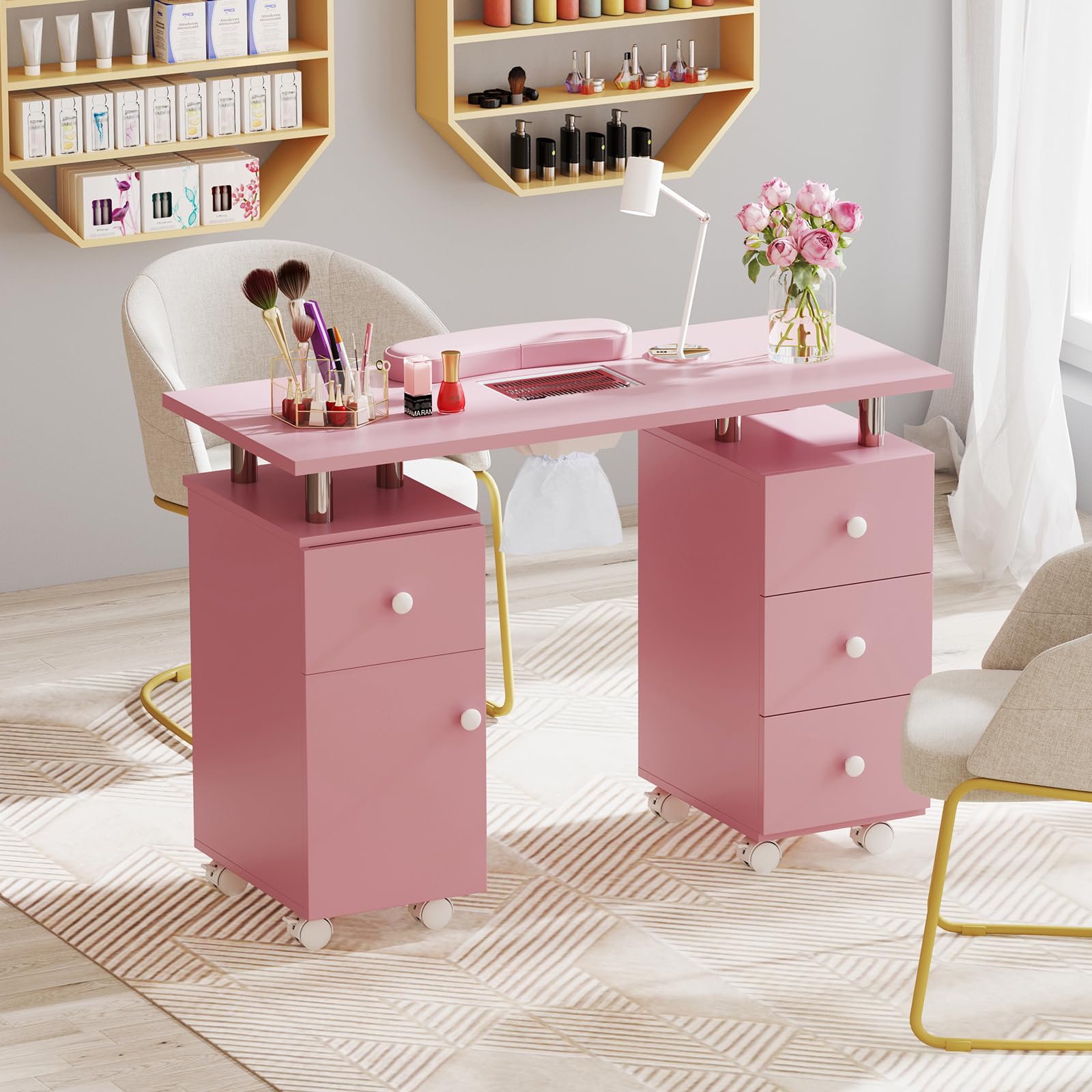 COSTWAY Mesa de Manicura con Aspirador Eléctrico, 3 Bolsas para Polvo, Reposamuñecas, 6 Cajones, Mesa para Uñas con 8 Ruedas, Mesa Manicura Profesional para Salones de Belleza, 108x45x76 cm (Rosa)