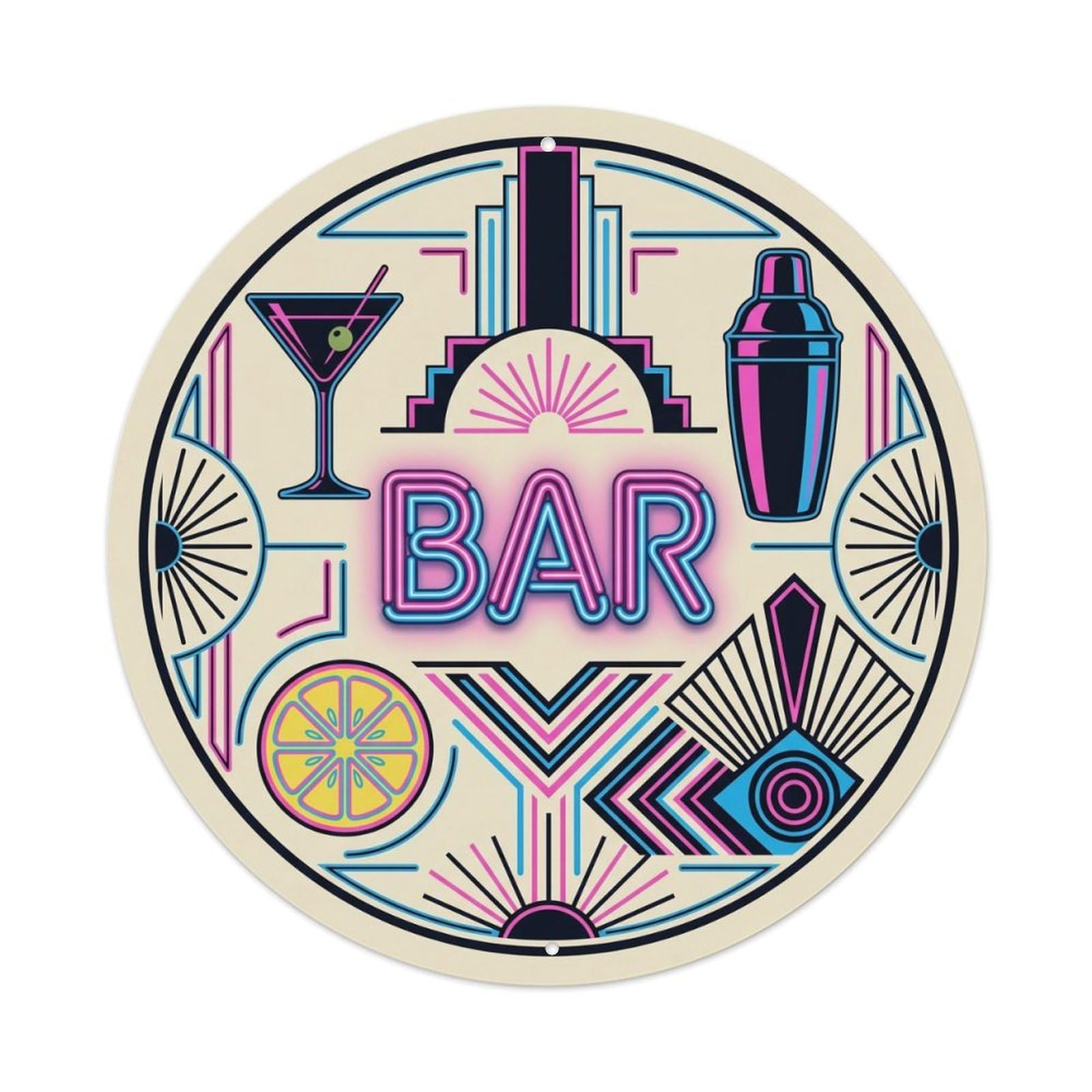 BAR Neon Lounge Emblem 2 Metal Tin Sign Plaque Wall Decor for Cafe, Club Bar, Office, Home Garden Round Metal Poster 8x8Inch