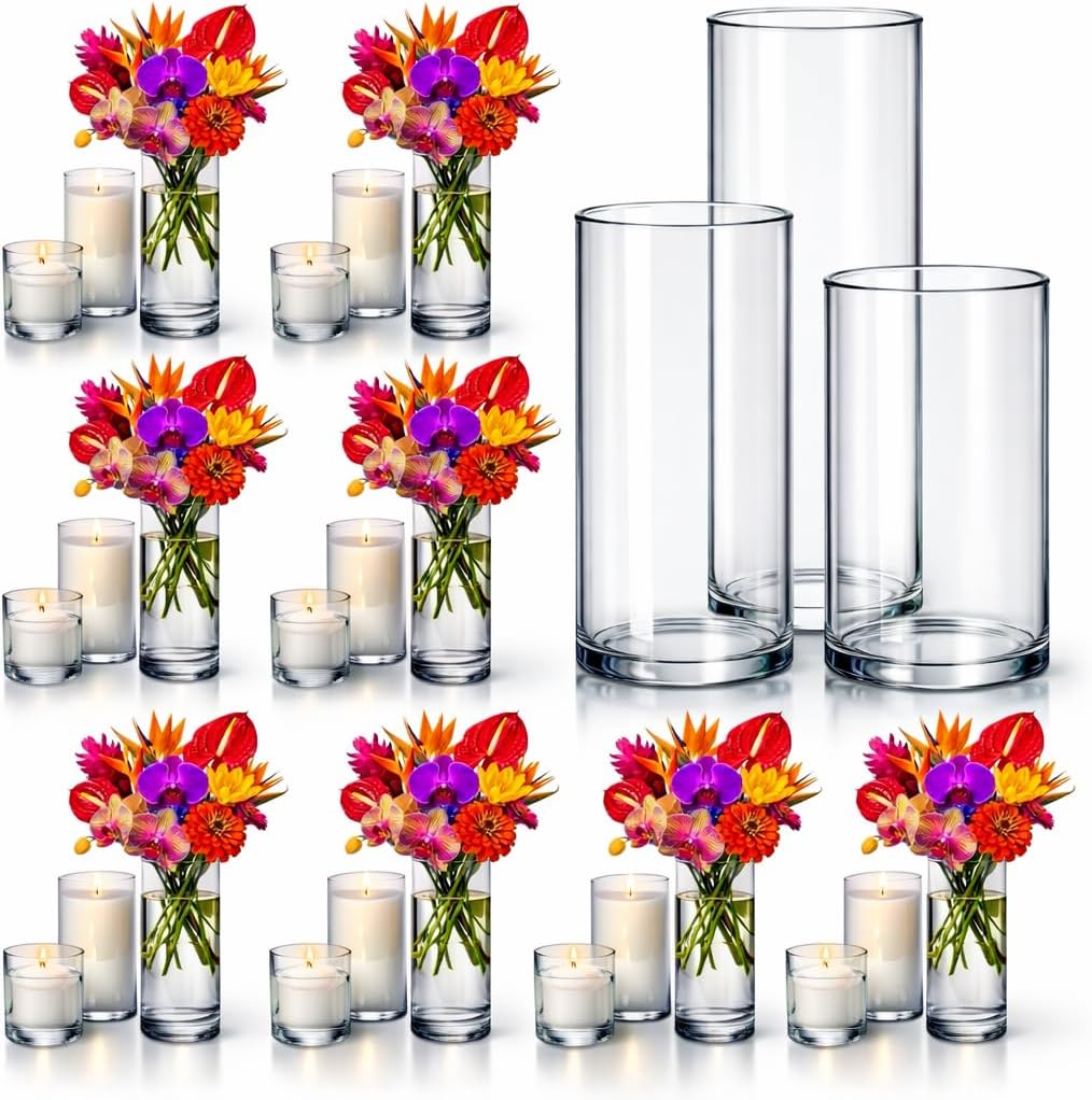 24pcs Clear Hurricane Vases Bulk - Glass Cylinders for Candles, Candle Vase, Cylinder Glass Vase, Cylinder Candle Holders, Bulk Wedding Centerpiece, Glass Holder for Pillars, Table Decor
