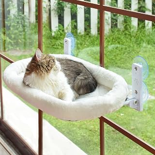 AMOSIJOY Cordless Cat Window Perch Hammock - 4 Strong Suction Cups, Sturdy Metal Frame, Thickened Washable Cushion Bed for Cats Up to 40lbs