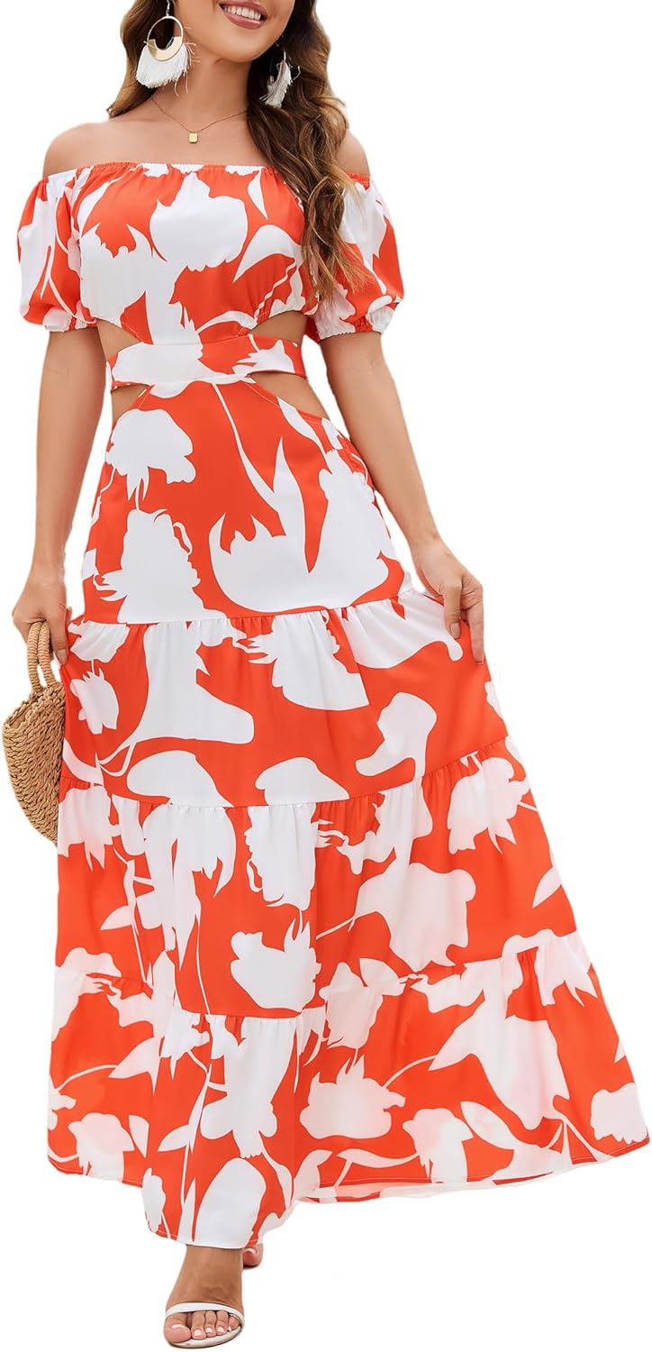 Women's Summer Boho Maxi Dress Off Shoulder Puff Sleeve Cutout Tiered Tie Back Casual Party Long Flowy Dresses