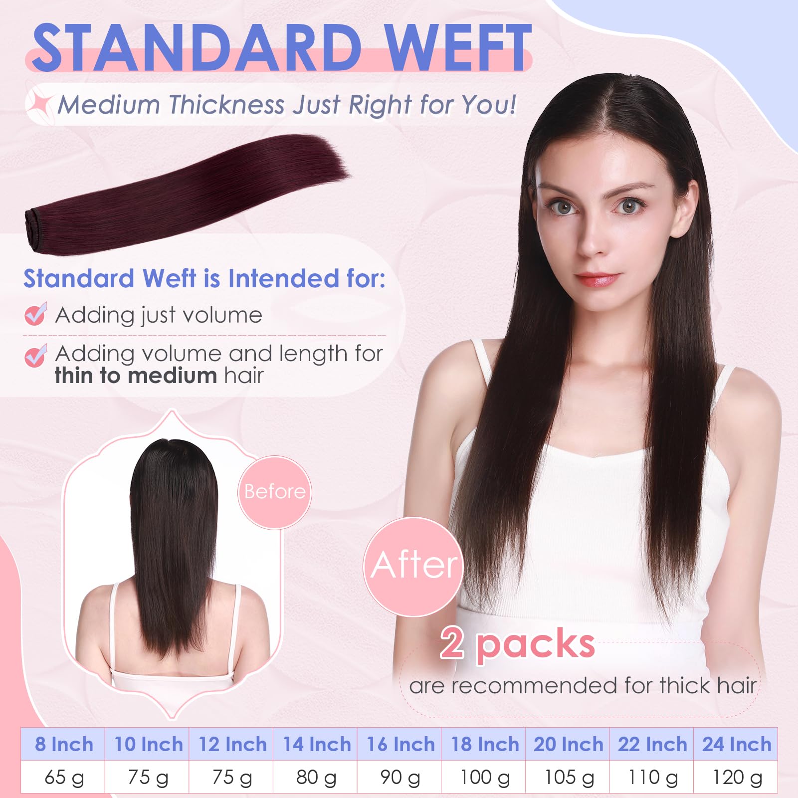 Elailite Clip in Hair Extensions Real Human Hair 8 Pieces Standard Weft Straight - #99J Wine Red - 18 Inch (100 g) - Image 2
