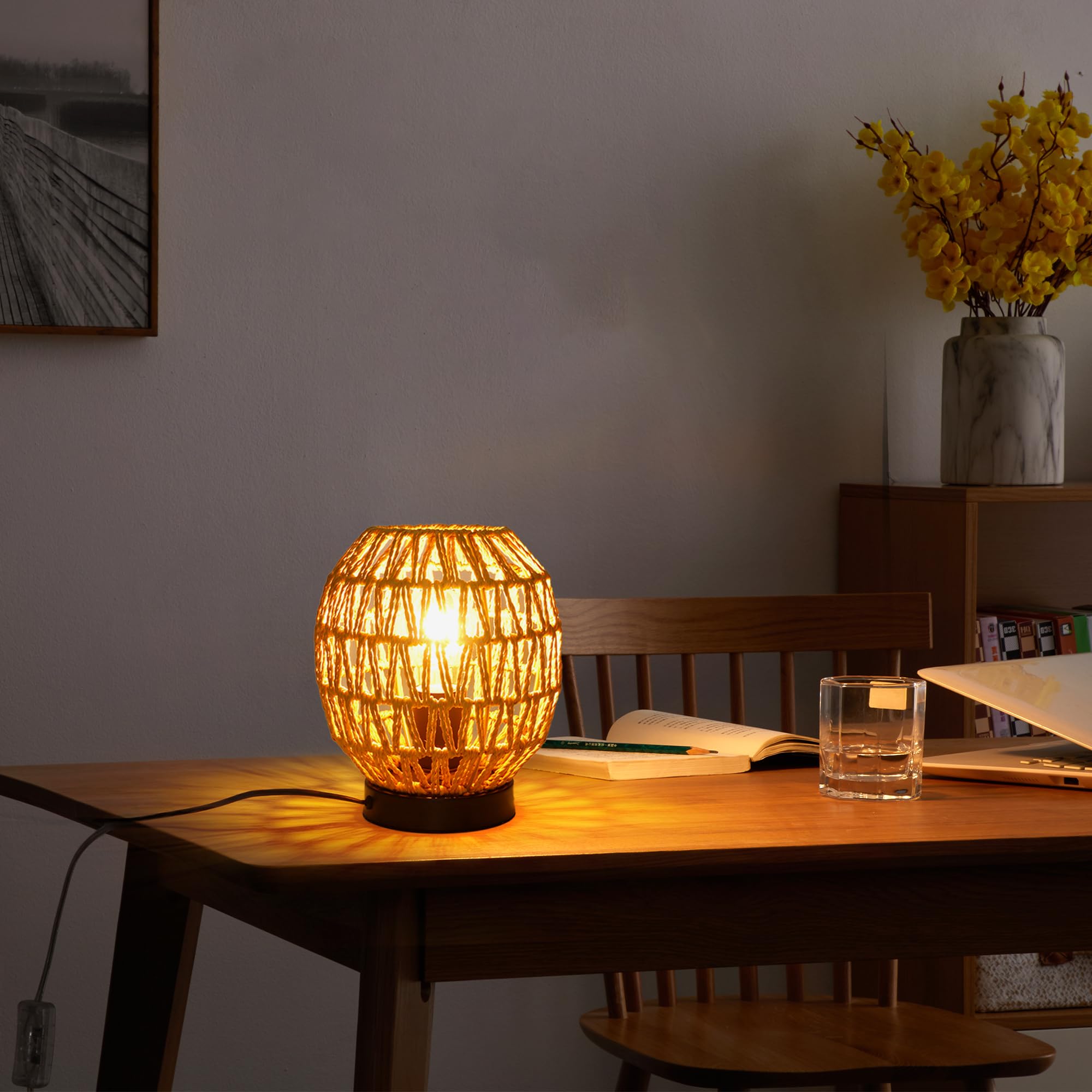 Capslpad Dimmable Rattan Table Lamp Bamboo Woven Boho Beside Lamp Small