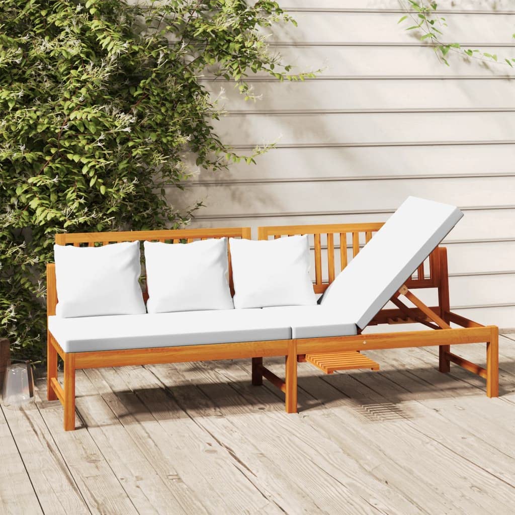Letto da giorno in legno di acacia massiccio con cuscino bianco crema, 200 x 60 x 75 cm, letto regolabile per esterni, per balcone, terrazza e giardino, resistente alle intemperie, con