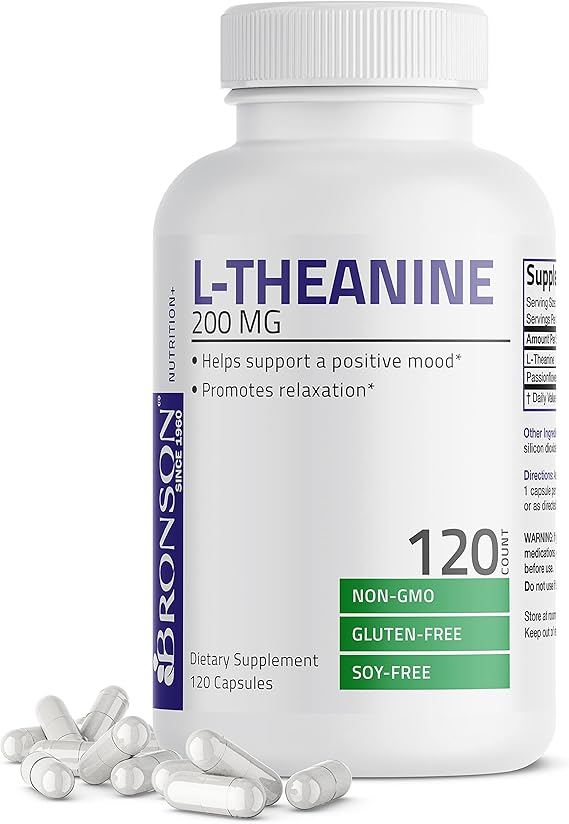 Bronson L-Theanine 200mg (Double-Strength) with Passion Flower Herb, Non-GMO Gluten-Free Soy-Free Stress Management Supplement, 120 Capsules