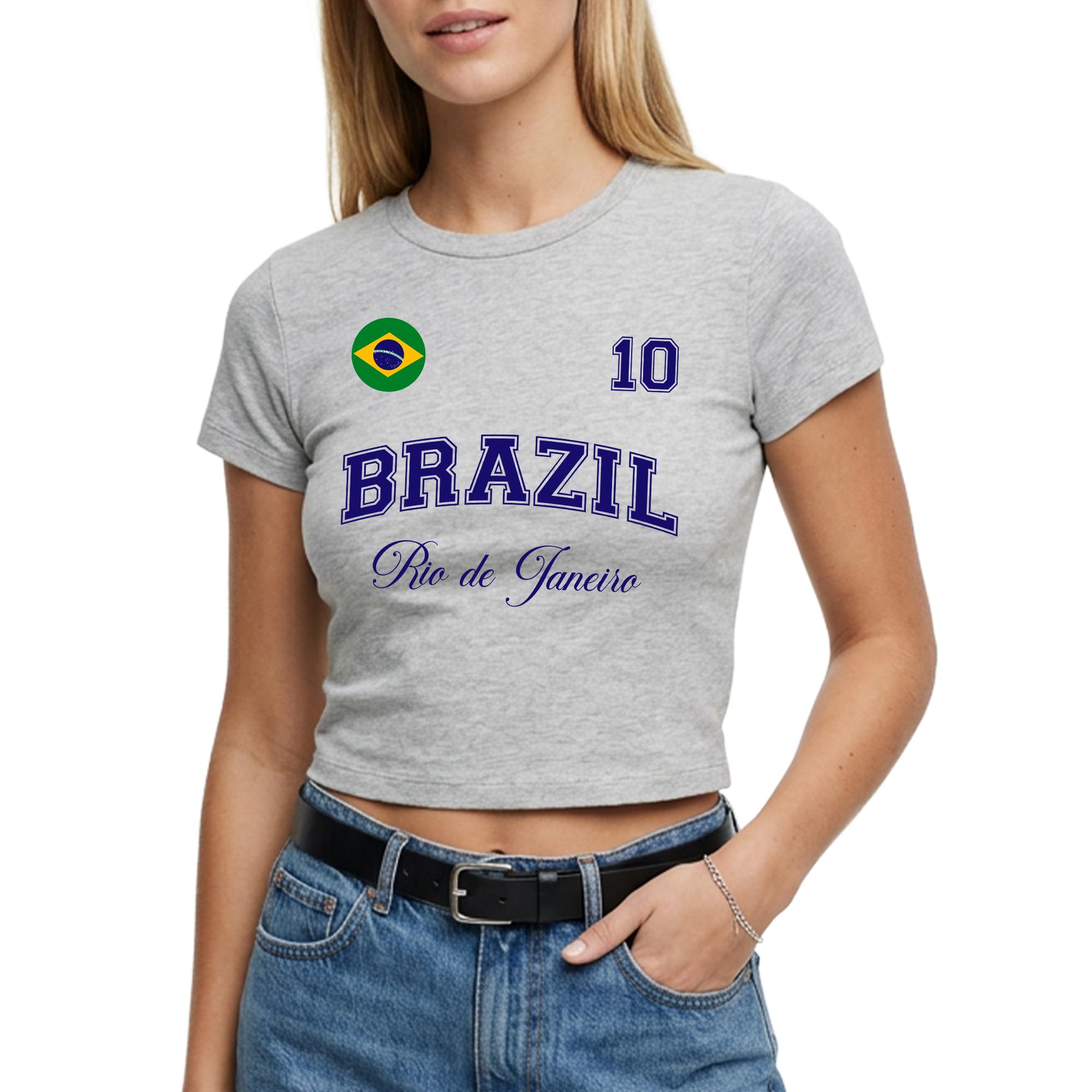 Brazil Womens Baby Tee - Brazilian City Name Number Badge Short Top Football Tshirt Fan Gift, S, Sport Grey
