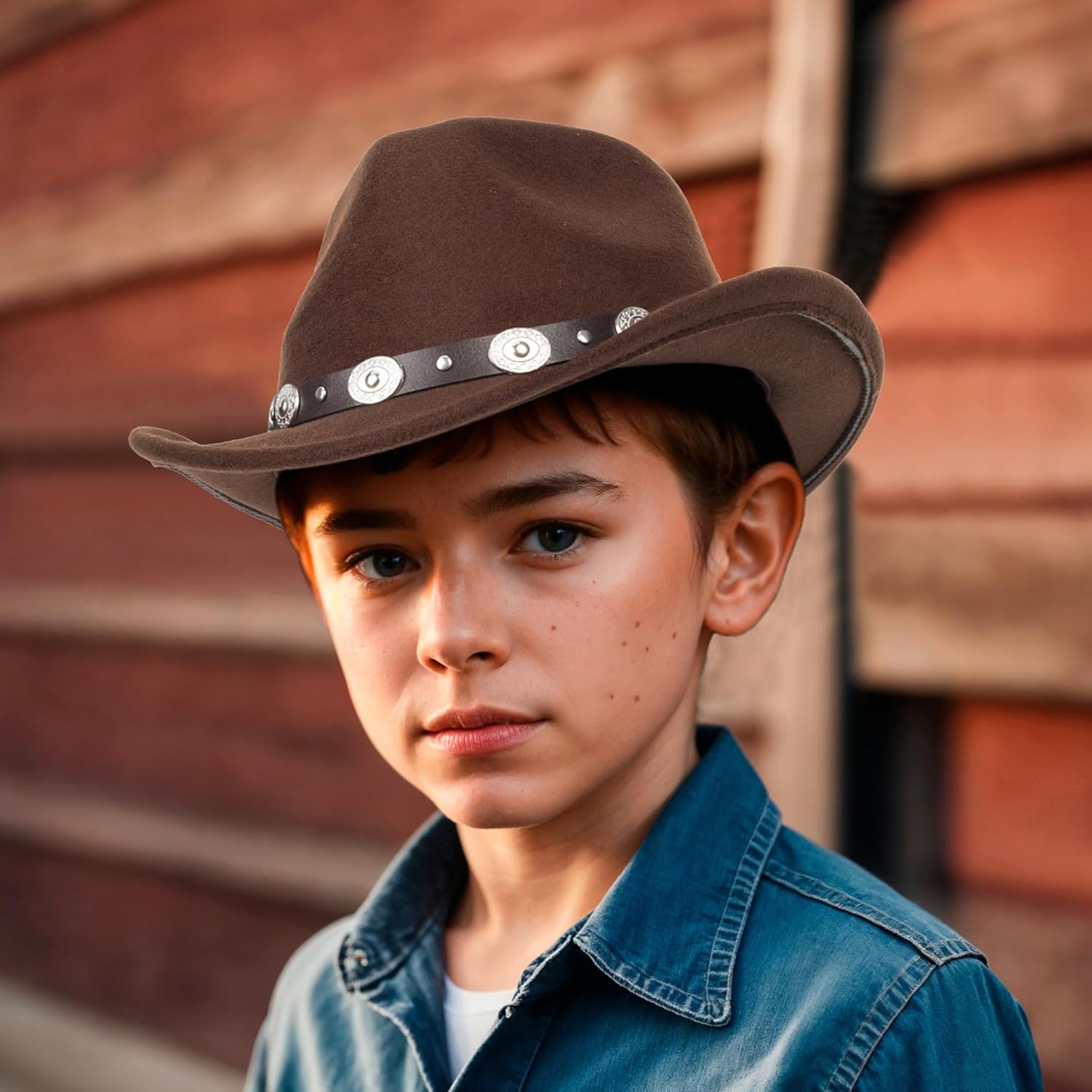 Kids Western Cowgirl-Cowboy Felt-Fedora-Hat Girls Boys Wide-Brim Retro-Rodeo Panama-Cap with Gus-Buckle-Belt for 5-8T, Brown - Image 2