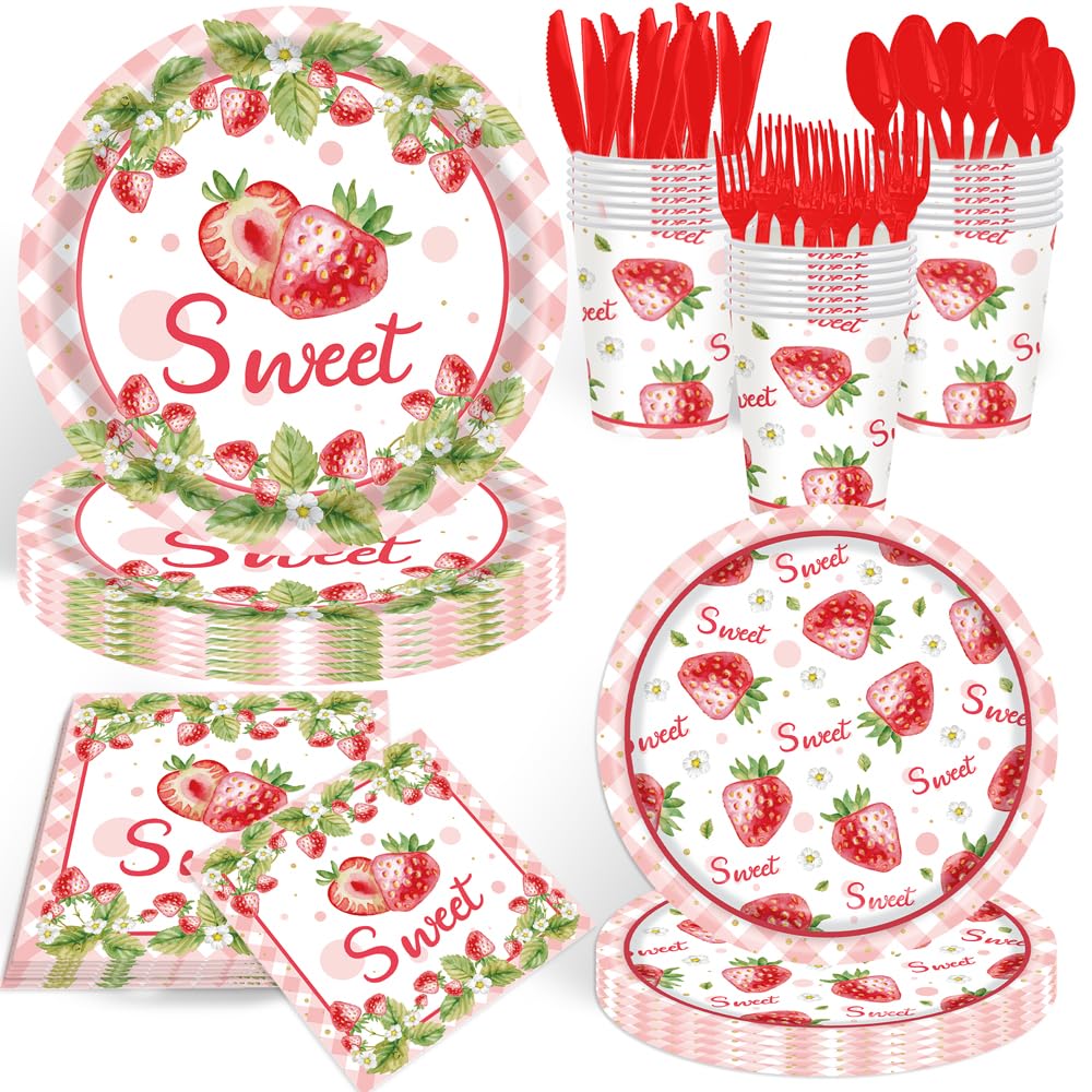 140 Pcs Strawberry Birthday Decorations Berry First Birthday Decorations Strawberry Themed Plates Cups and Napkins Sets Serves 20