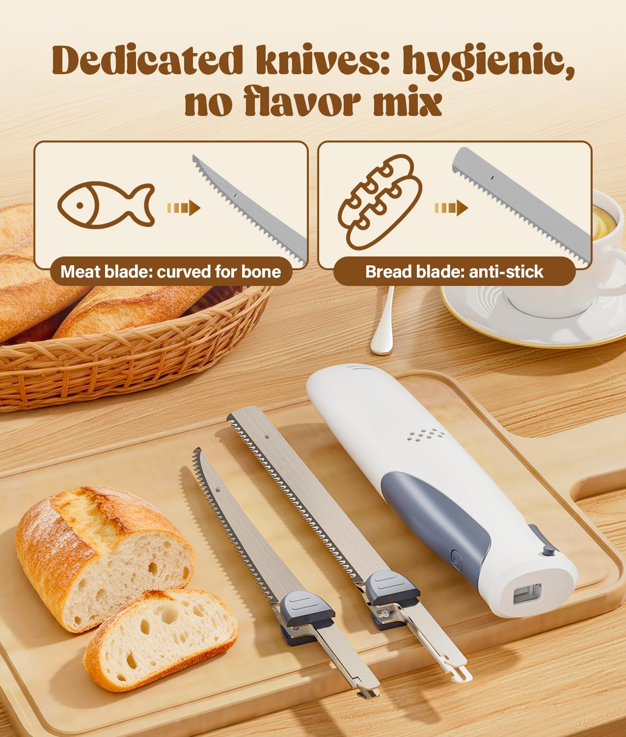 PAHTTO Coltello Elettrico Senza Fili con 2 Lame in Acciaio Inossidabile e Forchetta, 8V con Blocco di Sicurezza, per Carne, Pesce, Pane, Formaggio