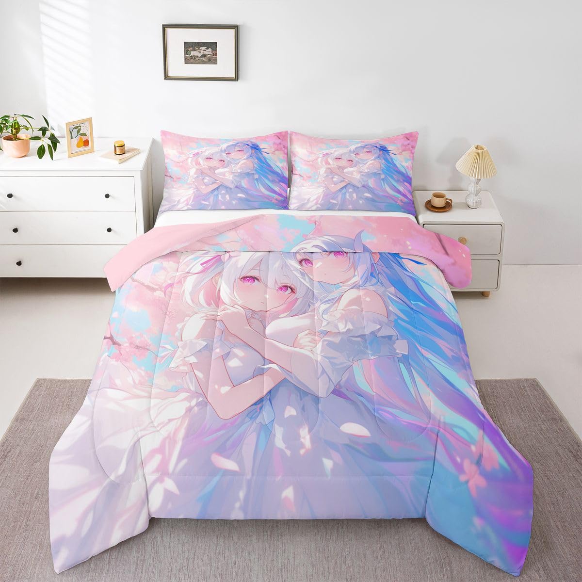 Erosebridal 3D Kawaii Girly Bedding Full Size, Japanese Girl Comforter Set for Kids Toddler Girls Cherry Blossoms Bedding Comforter Sets, Watercolor Romance Duvet Set Happy Friendship Down Comforter