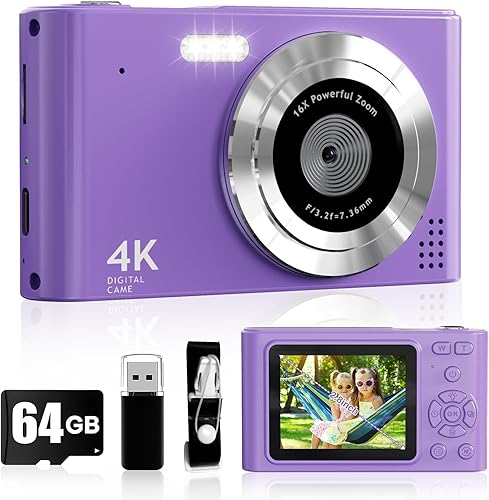 Miniatura 7 de Cámara digital para niños 1080P Cámara de vlog con 64GB, cordón, zoom 16X anti-shake, lector de tarjetas 44MP Cámara compacta portátil de punto
