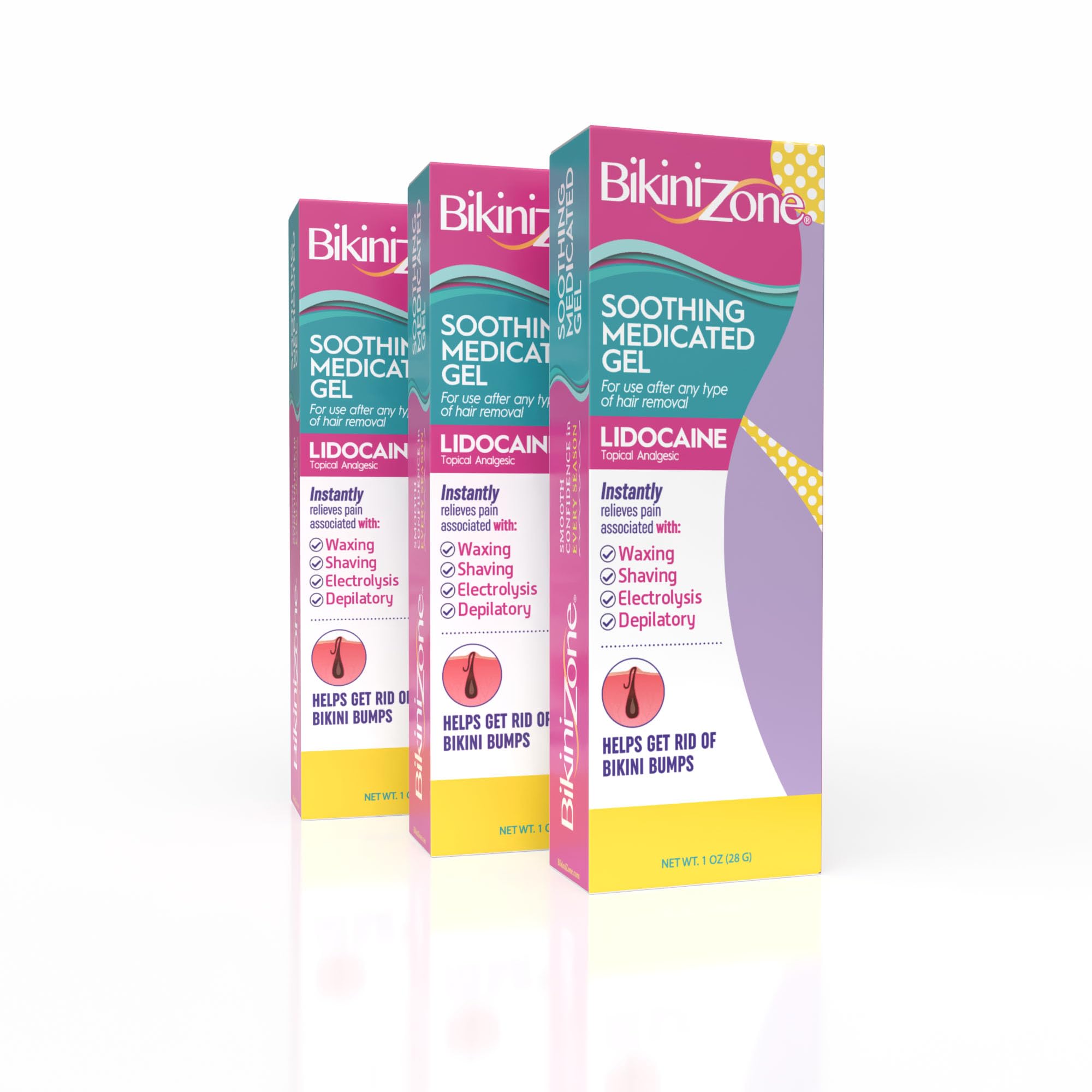 Bikini Zone Medicated After Shave Gel with Lidocaine, 1 Oz, 3 Pack | 2% lidocaine HCl to help soothe skin post-shave. Cooling sensation to refresh