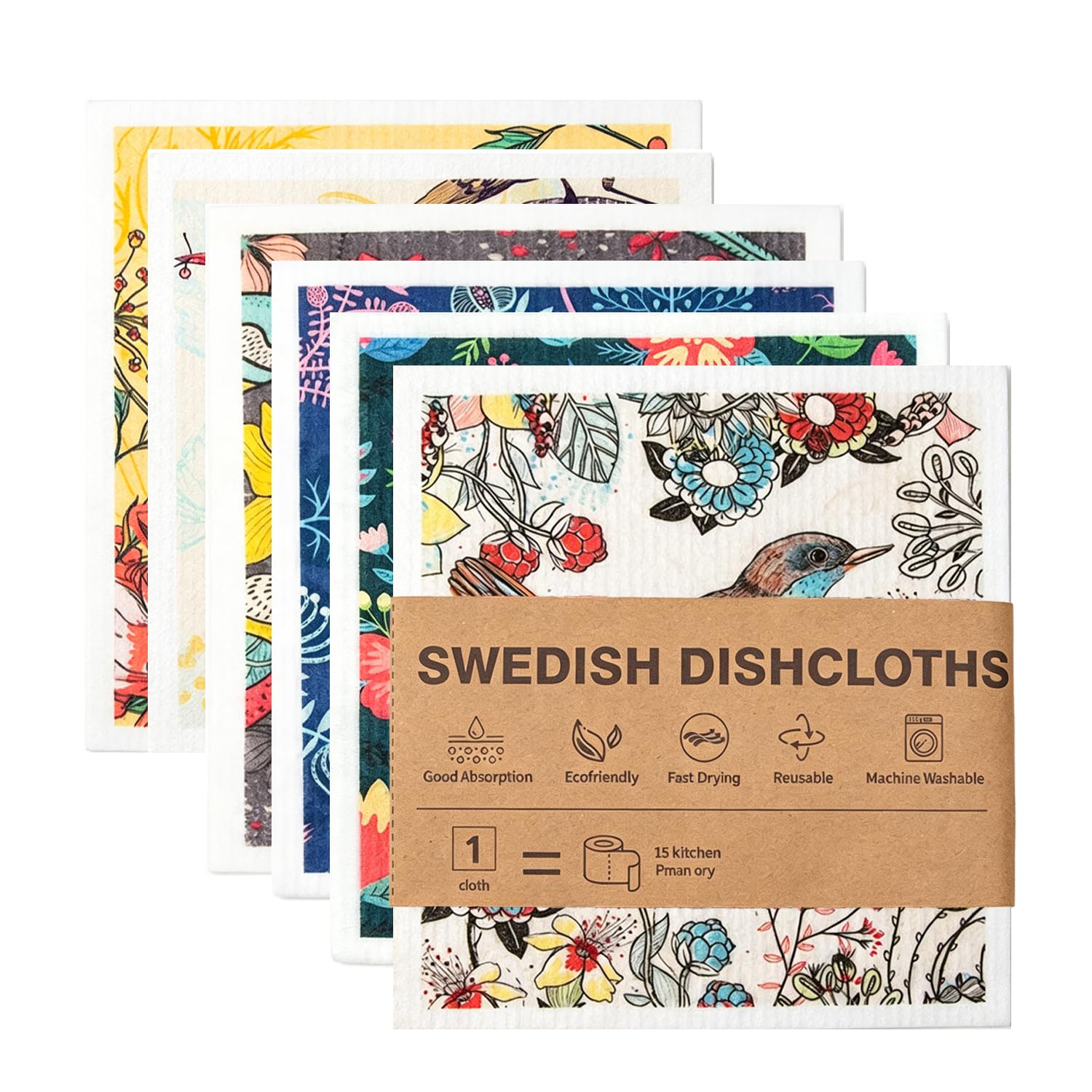 HIVTE 6 Pack Swedish Dishcloths, Biodegradable Super Absorbent Cleaning Cloths, Eco-Friendly Sponge Cloths for Kitchen Washing Up (Flower & Bird)