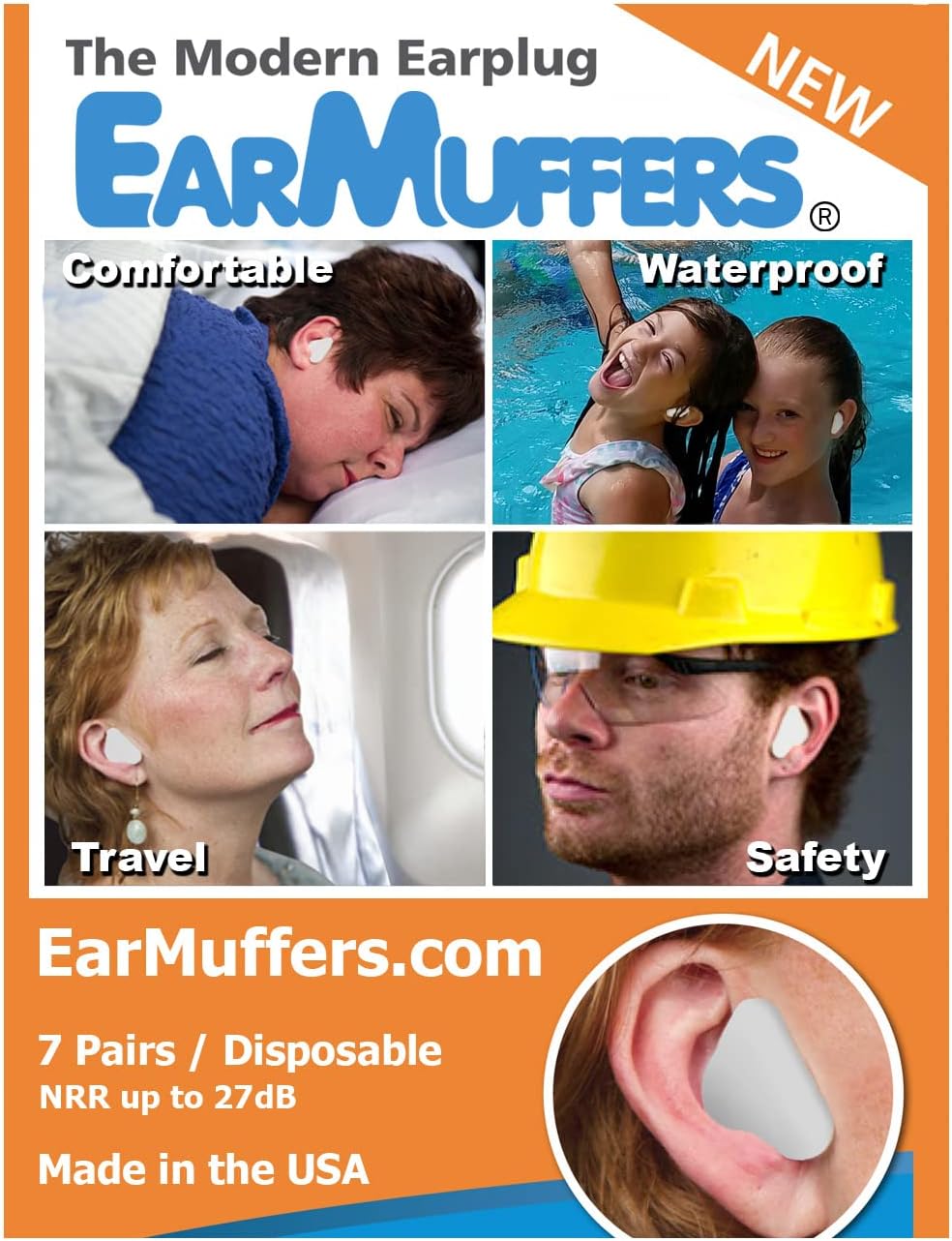 Ear Muffers The Modern Earplug, Just Peel and Stick for Swimmers, Concerts, Sleeping, etc