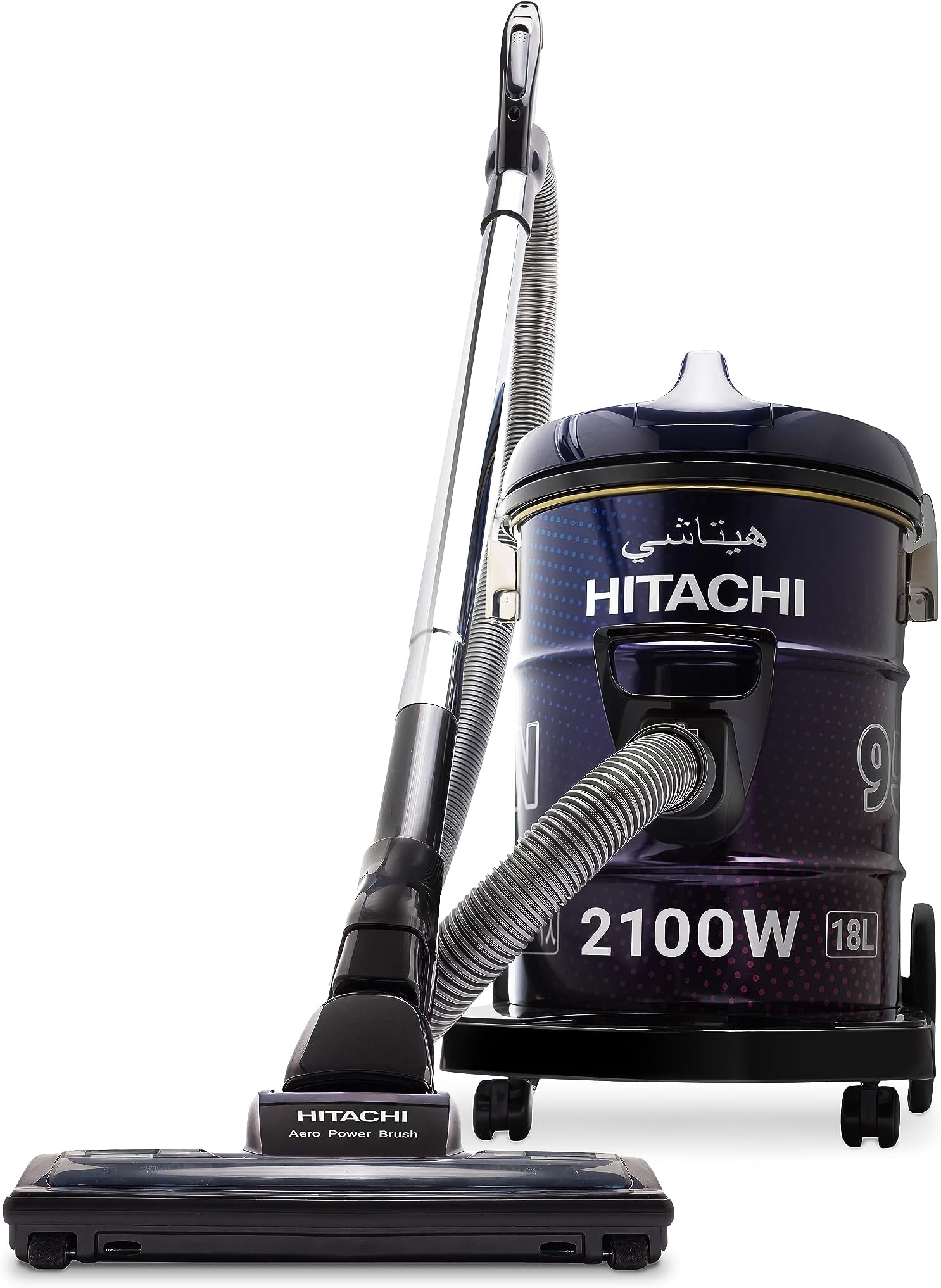 HITACHI Drum Vacuum Cleaner 2100 Watts, 18L Tank Dust Capacity, Aero Power Brush to Clean Efficiently, Metal Pipe, Dusting Brush & Crevice Nozzle, Washable Filter, Best for Home & Office, CV955NBLGCM