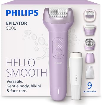 Philips Epilator Series 9000 - Cordless Wet and Dry Electric Epilator, Hair Removal for Body, Face and Bikini, with ProGuide, 9 Accessories, 60 min. Runtime, Model BRE729/00