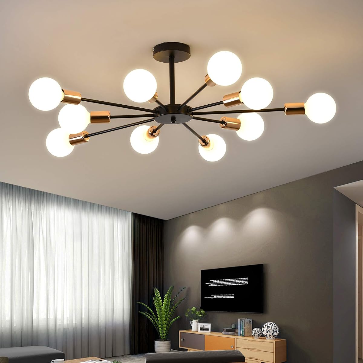 10-Light Semi Flush Mount Light Fixture, Black and Gold Sputnik Ceiling Light, Modern Close to Ceiling Light for Bedroom Kitchen Living Room Entryway Laundry Room