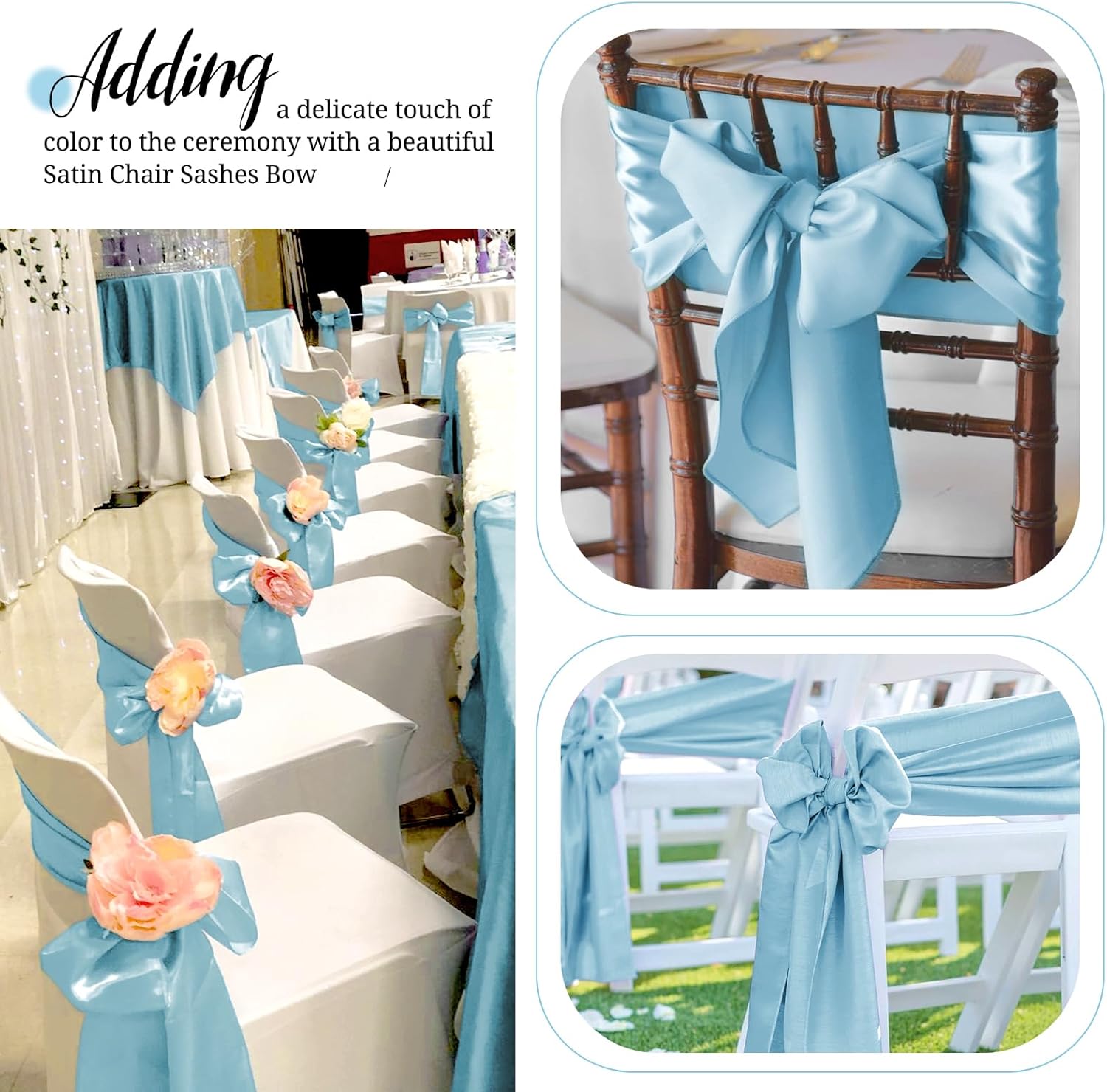 Pesonlook 60 PCS Light Blue Satin Chair Sashes Bows Satin Chair Sashes Universal Chair Cover for Wedding Reception Restaurant Event Decoration Banquet,Party,Hotel Event Decorations (7 x 108 inch)