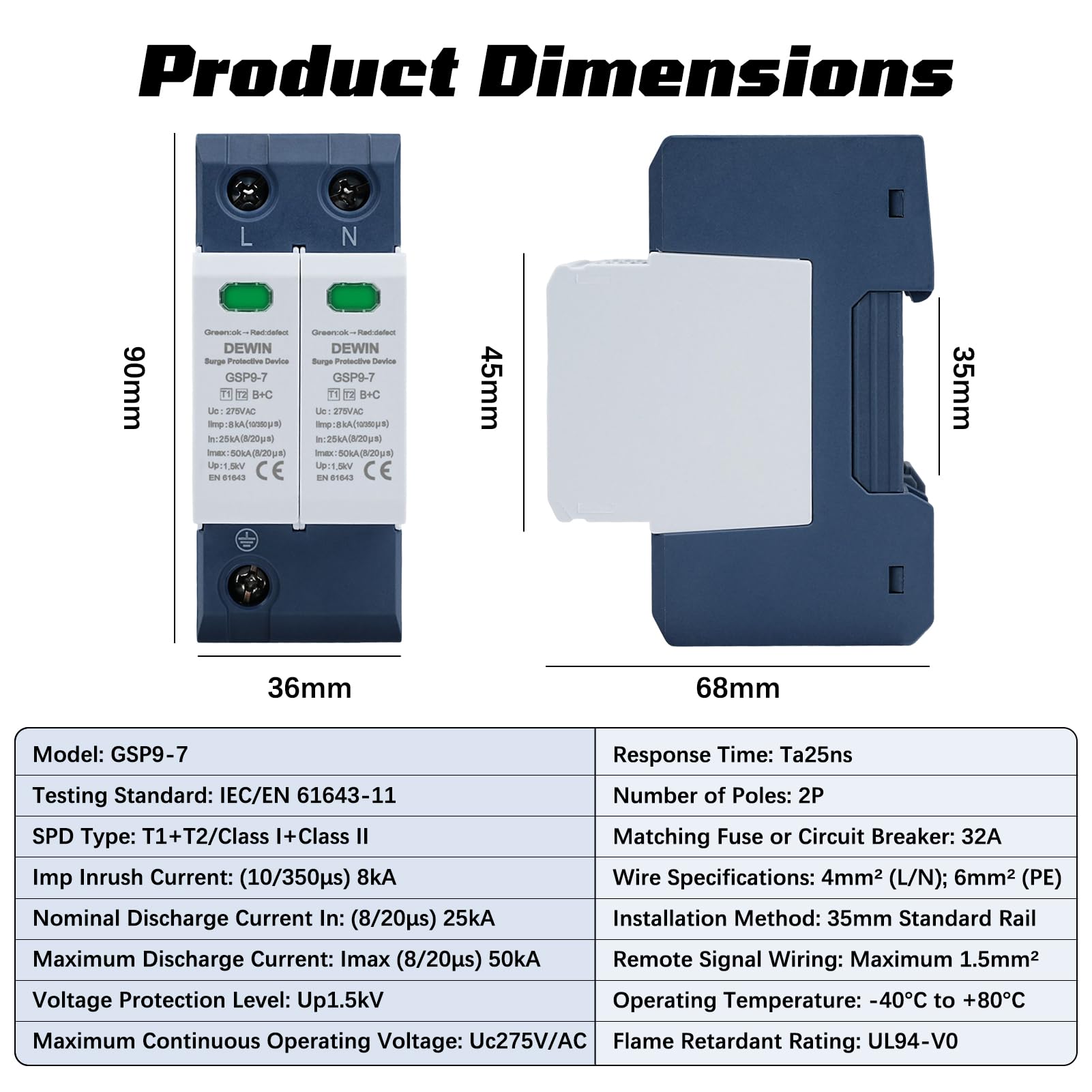 DEWIN Scaricatore di Sovratensione 2P AC 275V 25KA~50KA Dispositivo Protezione Fulmini Bassa Tensione