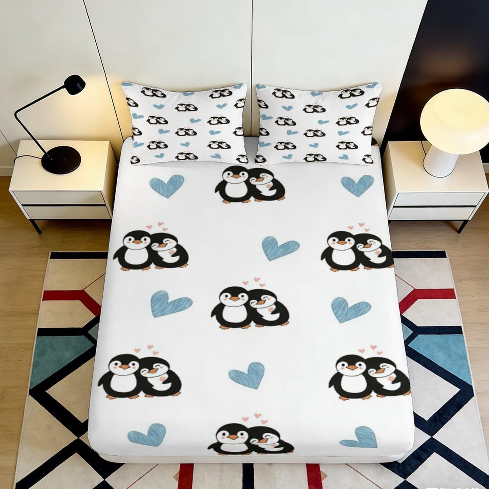 Pnayamiorkfel Style-3 3D Printed Cartoon Penguin Fitted Sheet Microfiber Soft Blue Heart Mattress Cover For Bedroom Guest Room Dorm Decor 90X200x25cm